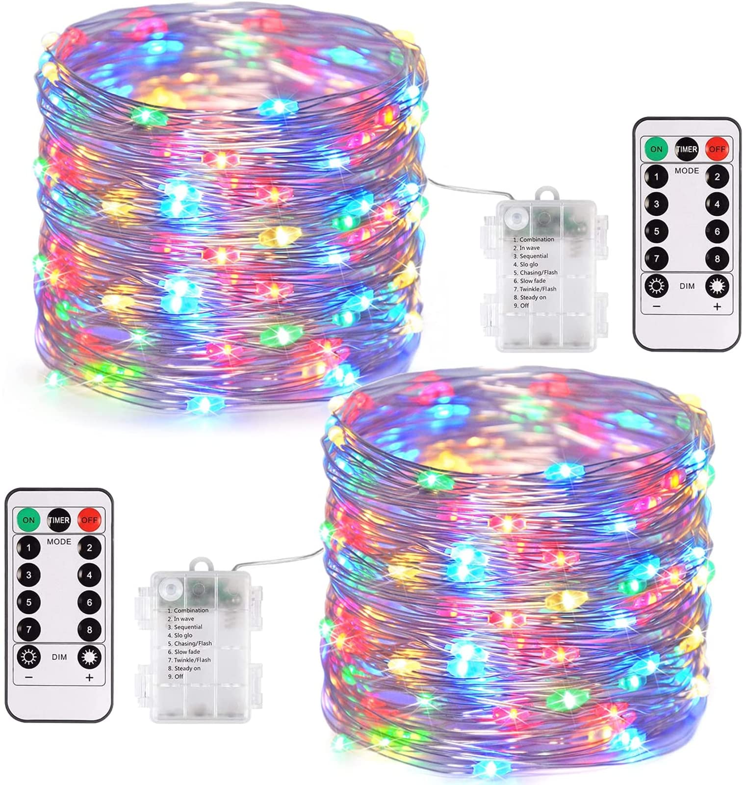 Rakuten - LED イルミネーションライトled ストリングスライト 8種光るパターン 電池式 防水 10メートル 電飾 100電球 リモコン付き (レインボー4色（2個）)
