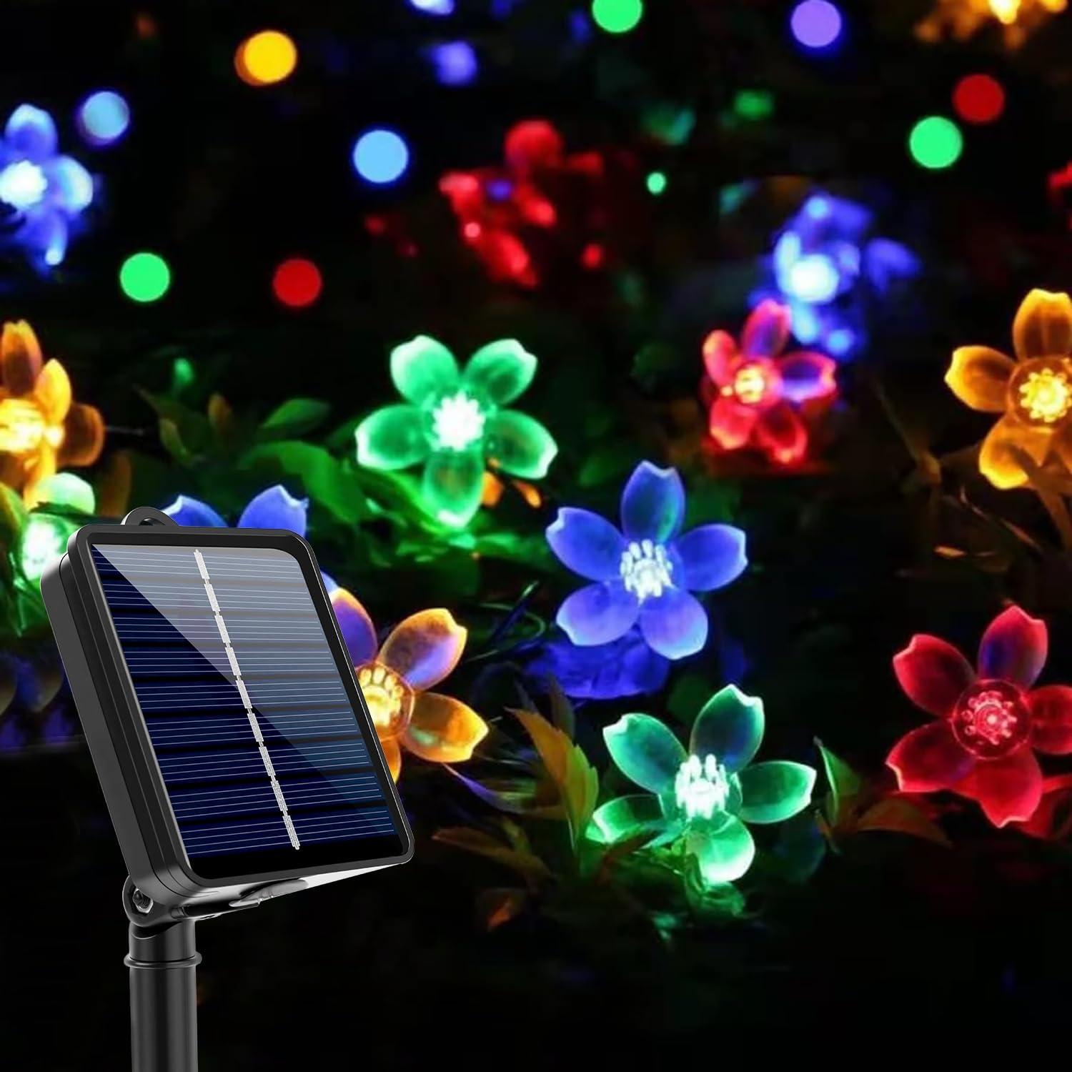 ストリングライト ソーラー ライト おしゃれ【2025進化 20時間以上点灯高性能リチウム電池＆インジケーター搭載】イルミネーションライト ガーデンライト 50LED電球 7M 桜の花 8モード IP65防水 キャンプ 夜間自動点灯 クリスマス/ハロウィン/パーティー/バレンタインデー/新