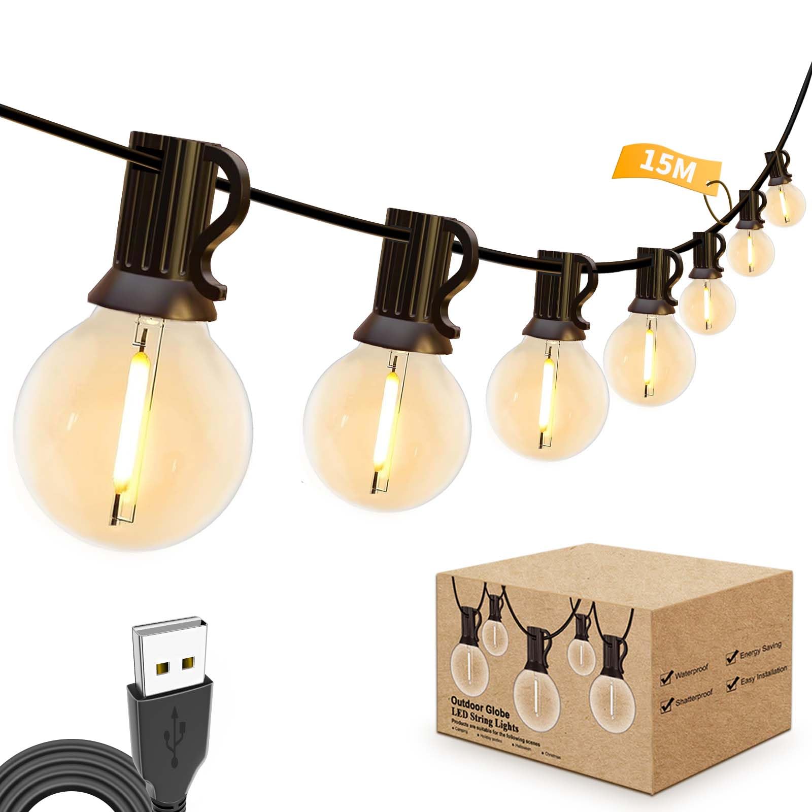 LEDストリングライト 15M 電球色 USB 5V イルミネーションライト 破損しにくい 25+1個 G40電球 E12口金 防雨型 屋内/屋外間接照明 誕生日 ハロウィーン リスマスツリー led電飾 ガーデンライト 庭 夏祭り 学園祭(連結不可)
