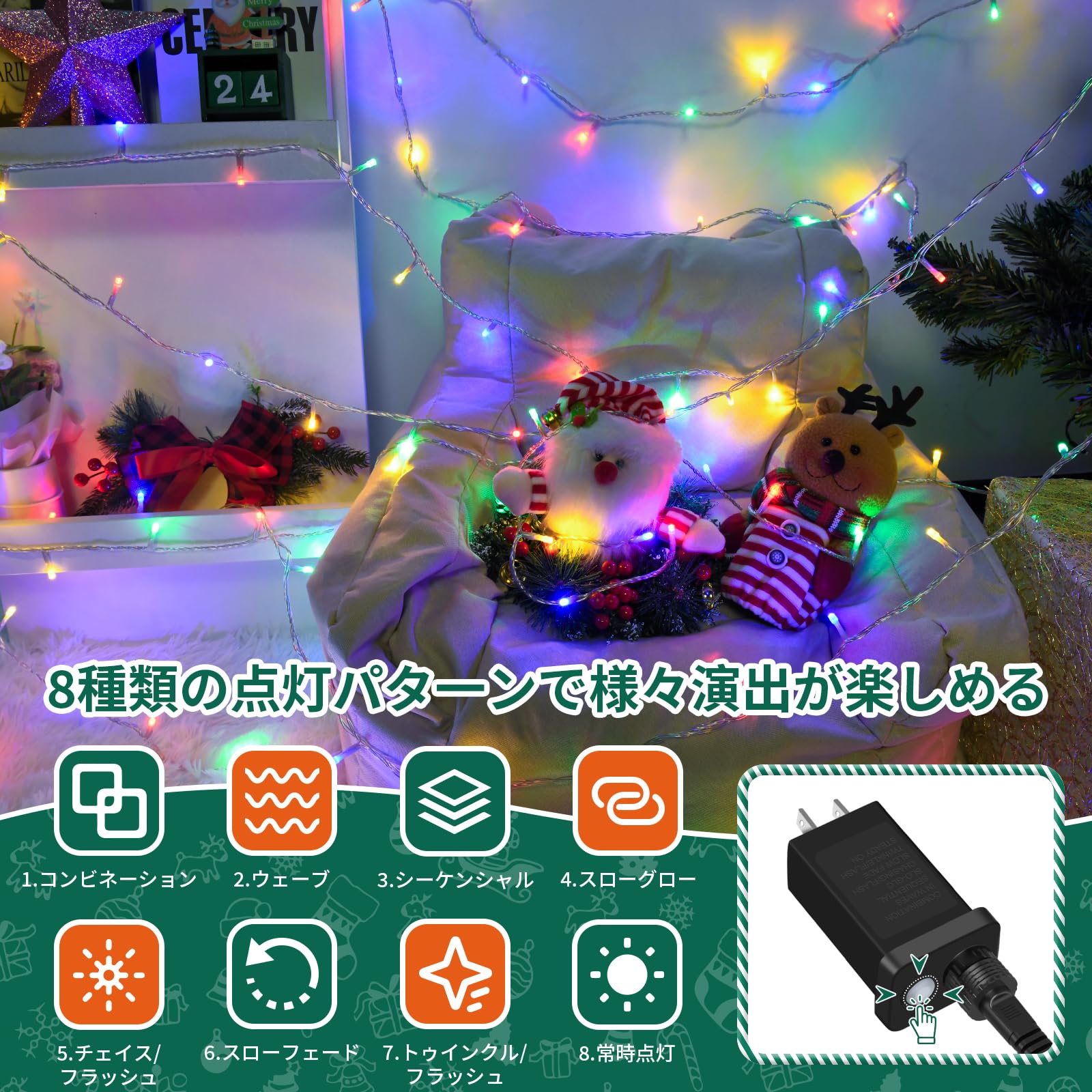 LED イルミネーションライト ストレート 20M 200球 クリスマスライト LEDストリングライト 屋外 防水 8点灯パターン 記憶メモリー タイマー機能搭載 複数連結 キャンプ用 ガーランド 業務用 クリスマス/ハロウィン/パーティー/新年/祝日/庭対応 おしゃれ 屋外照明 イルミネー 2