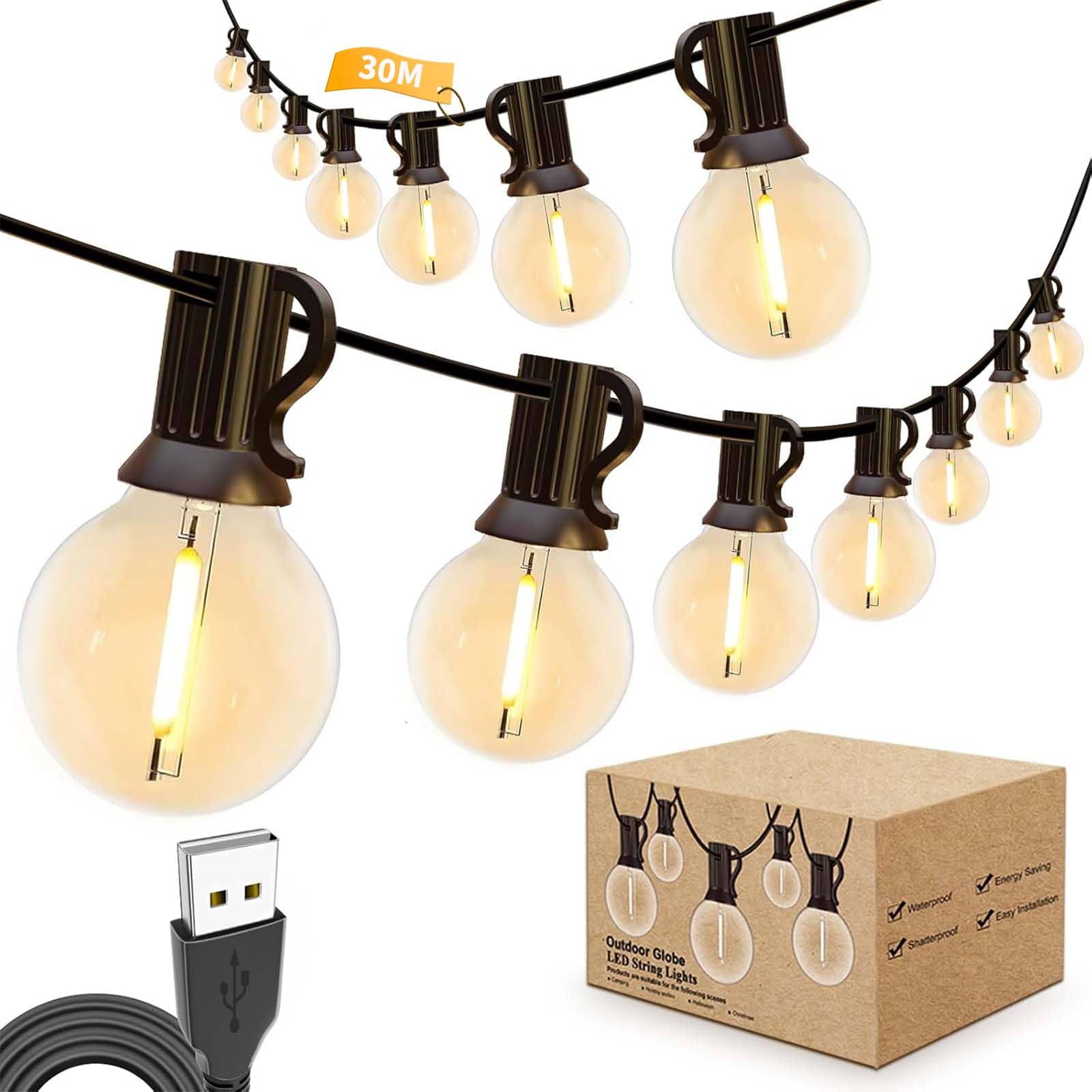 LEDストリングライト 30M 電球色 USB 5V LEDイルミネーションライト 屋外 防水 502個 G40 電球 割れに..