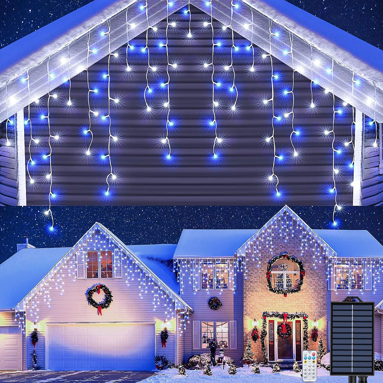 【大型ソーラーパネル 400球 10M 】ソーラー イルミネーション 屋外 青白色 つららライト クリスマス イルミネーション DIY リモコン操作 ベランダ?バルコニー?フェンス?屋根の軒など飾りライト