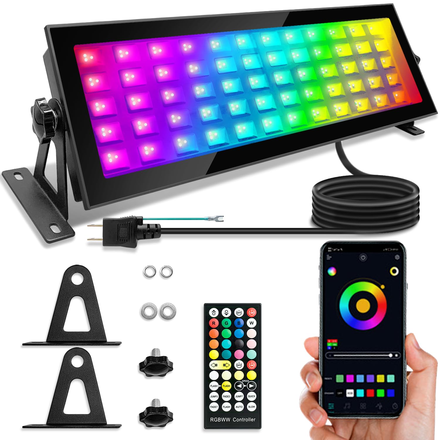 120W LED変色高天井灯RGBアウトドアガーデンライト投光器 タイミング機能付き 屋外ステージライト 複数点滅モード 最大1600万色調整 IP66防水 アウトドア防水フラッドライト