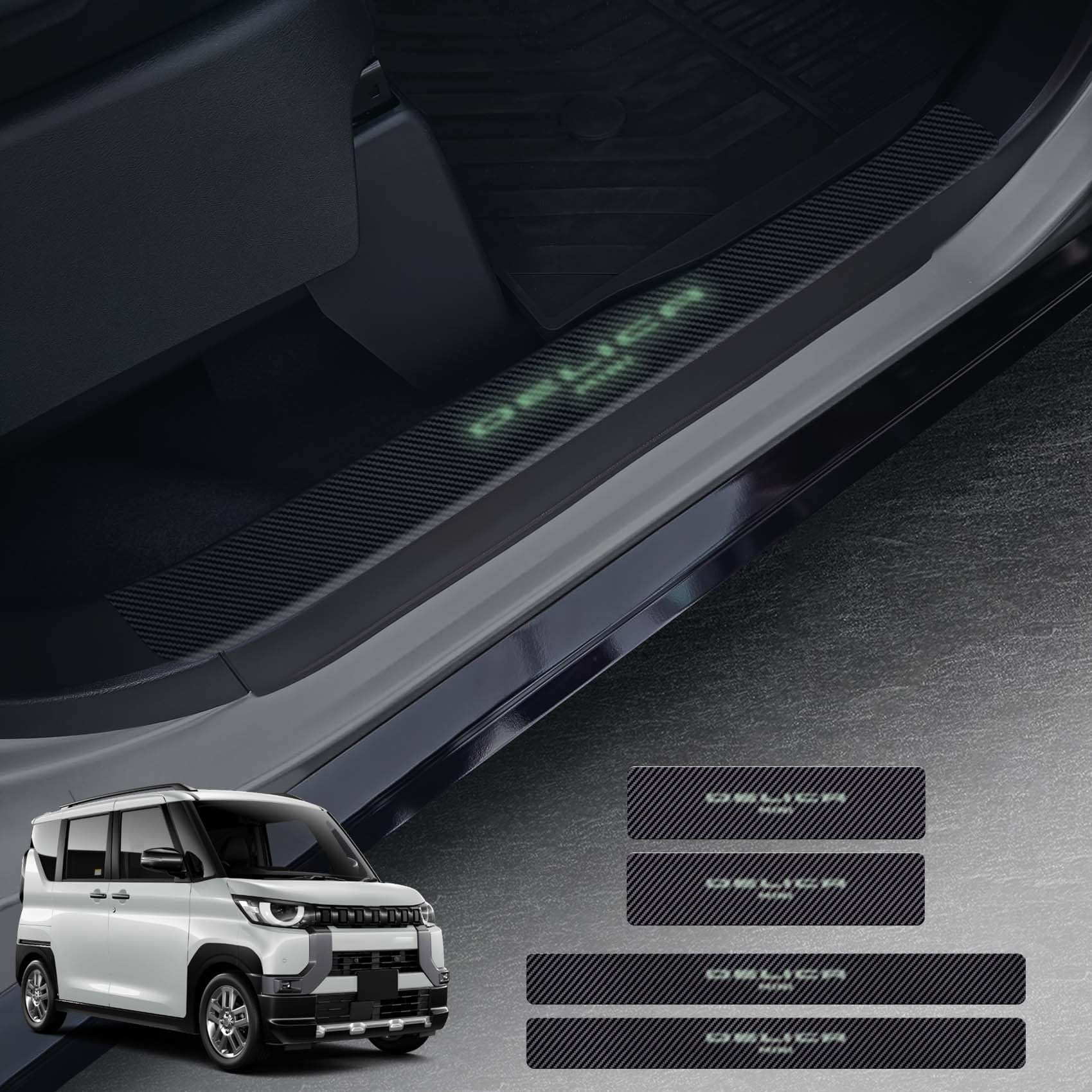 [対応車種]：適合デリカミニ Delica mini B34A B35A B37A B38A B3系 (2023年5月〜現行)。ご注意ください：護板を正しく取り付け、確実に固定しておくことで、走行中に緩むことがないようにしてください。定期的に護板を清掃して、その夜光効果と外観を維持してください。【パッケージ内容】車用 サイドステップガード*4、日本語取扱説明書*1[心を込めて築き上げ、優れた品質] ：高品質の皮革素材を採用し、表面に炭素繊維の模様が付いており、運動感とテクノロジー感を増えています。適切な 0.8mm の厚さで、堅牢性を維持しながら、車両の出入りの便利さに影響を与えません。車両の元々のデザインと完璧に融合しています。悪天候や頻繁な使用にも簡単に対応でき、あなたの愛車に恒久的な保護を提供します。[夜光ロゴ 独特の魅力度] ：驚くべき艶やかな夜光ロゴは、昼間は光を吸収し、夜間は夜光を発し、ロゴを暗闇の中でも鮮明に見えるようにします。乗客が夜間に敷居の位置を識別しやすくなるだけでなく、車両に独特の魅力度を加えます。この夜光効果により、車両は夜間にさらに目立ち、運転の安全性も高められます。あなたの車両を暗闇の中で際立たせ、独特な個性を示します。[使いやすい]：車専用の両面テープを使用すると、塗面を損傷せず、ドリルをする必要もなく、車に直接貼り付けるのはとても便利です。清掃は非常に簡単です：濕れ布で拭くだけです。（装飾テープにしわがあり、平らに押し付けることが難しい場合は、熱風乾燥機で乾燥させるだけで平らに押し付けることができます）。駐車場の狭いスペースで車を出し入れする場合や、路面状況が悪い場所などで、この保護が車体を守ってくれます。[私たちについて]：保証期間：1 年。すべての製品は出荷前に検査されているため、ご安心して購入いただけます。私たちは常に品質に対する執着な追求を堅持しており、誠心誠意に最優質な製品と最卓越なサービスを提供いたします。何かご質問またはより多くの情報が必要な場合には、随時 SUVVNE の売り手に連絡ください（24 時間以内に返信いたします）。
