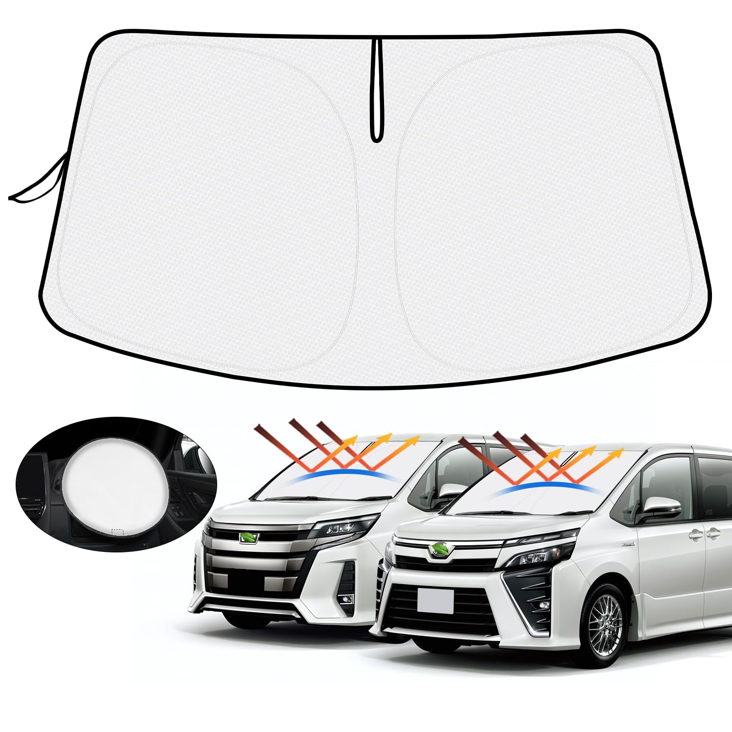 (2セット)【ハンドル日よけカバー付き】トヨタ ヴォクシー ノア 80系 サンシェード フロントガラス用 VOXY NOAH 80 車用サンシェード UVカット 日よけ 日差しカット 遮光 断熱 折り畳み式 ハンドルサンシェード 収納袋付き ハニカム設計
