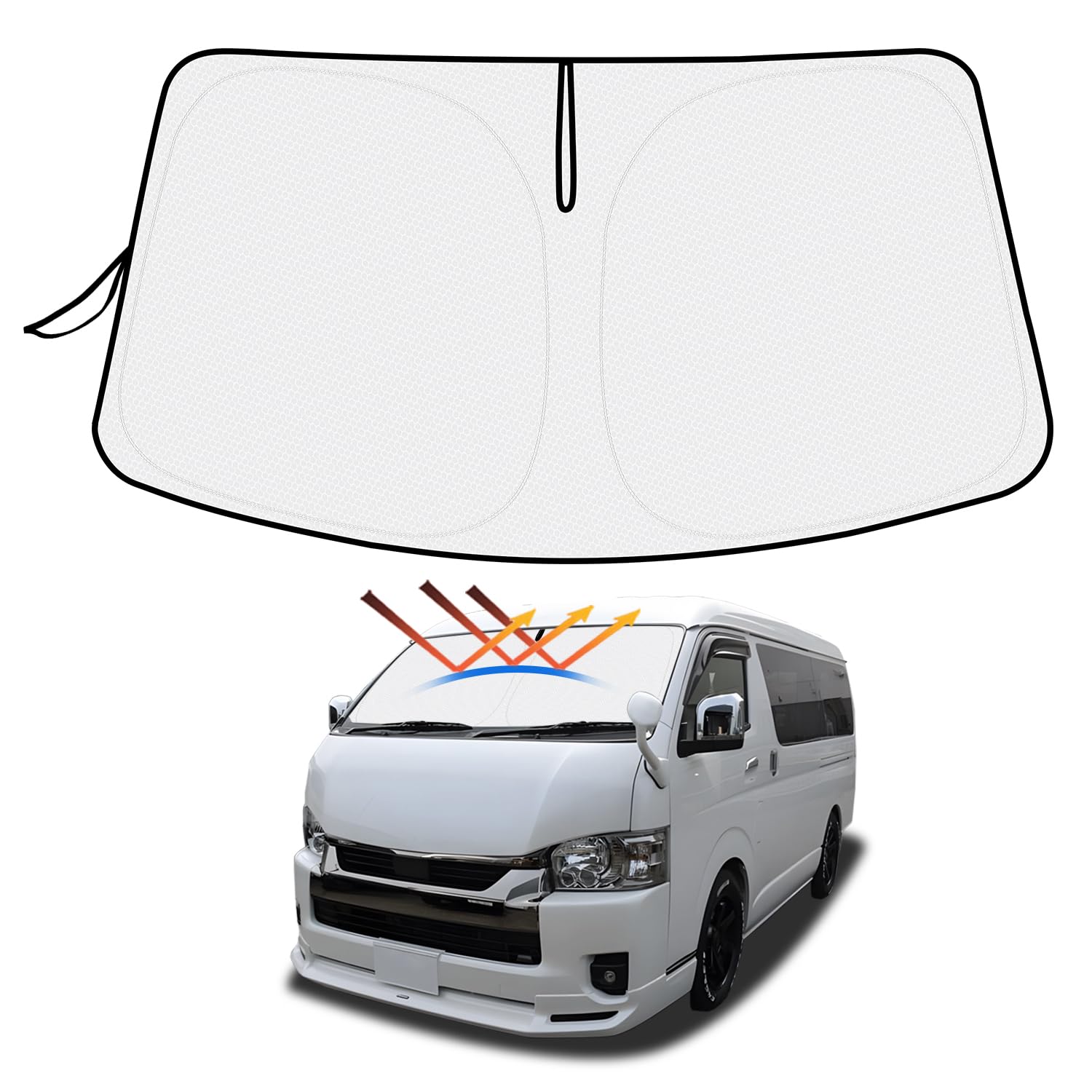 (2セット)【ハンドル日よけカバー付き】トヨタ ハイエース 200系 ワイドボディ サンシェード フロントガラス用 HIACE 200 2004年8月-現行 車用サンシェード UVカット 日よけ 日差しカット 遮光 断熱 折り畳み式 ハンドルサンシェード(4.0)