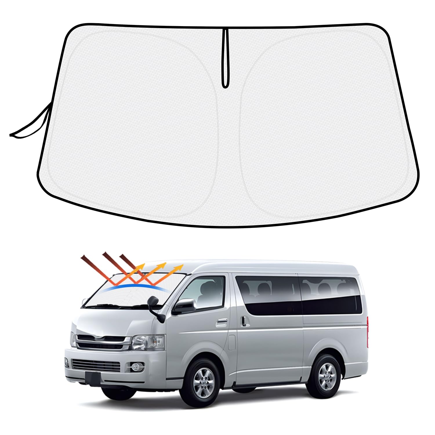 Outdoor - (2セット)【ハンドル日よけカバー付き】トヨタ ハイエース 200系 標準 サンシェード フロントガラス用 HIACE 200系 H16-現行 車用サンシェード UVカット 日よけ 日差しカット 遮光 断熱 折り畳み式 ハンドルサンシェード 収納袋付き