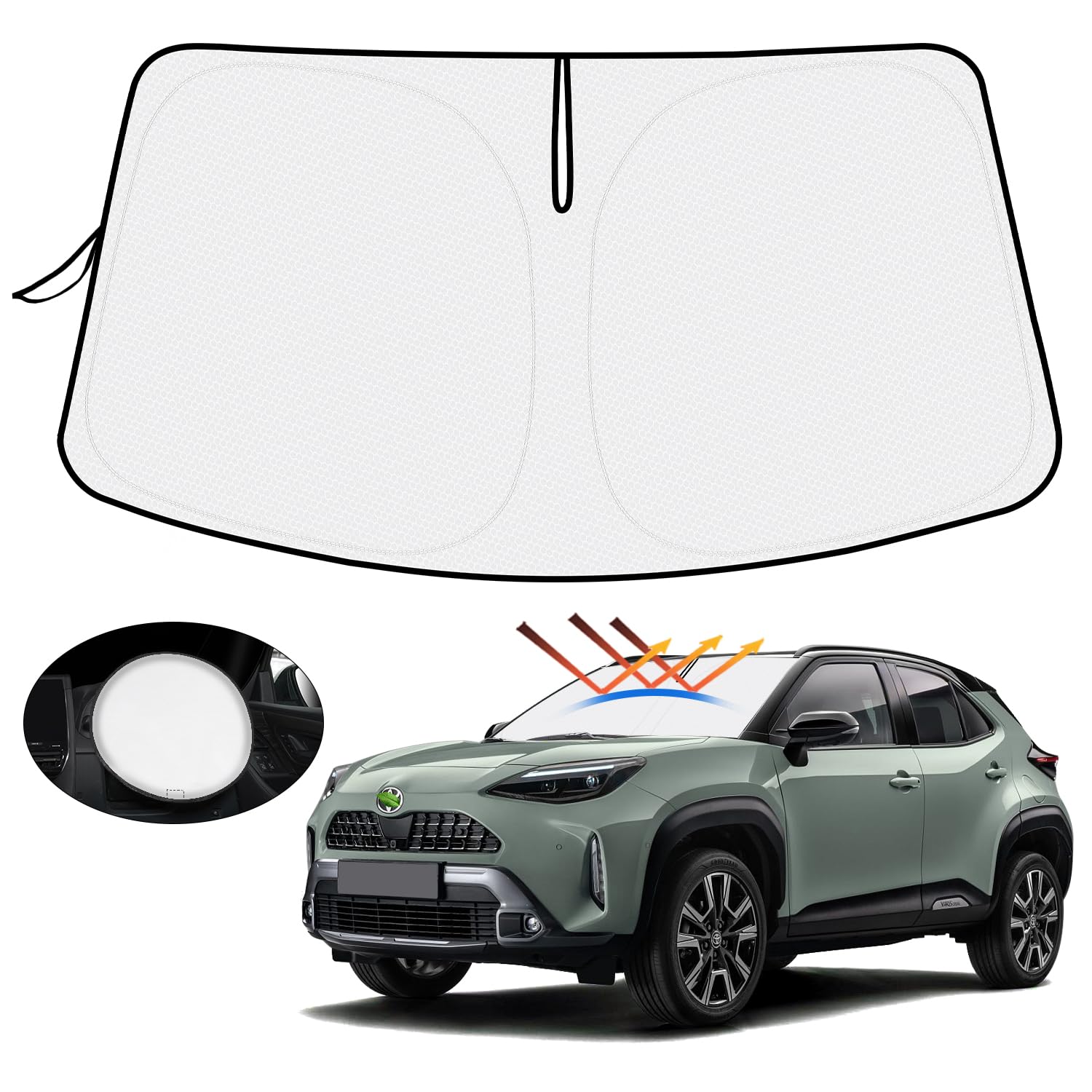 【ハンドル日よけカバー付き】トヨタ ヤリスクロス サンシェード フロントガラス用 YARIS CROSS R2.2-現行 車用サンシェード UVカット 日よけ 日差しカット 遮光 断熱 折り畳み式 ハンドルサンシェード 収納袋付き