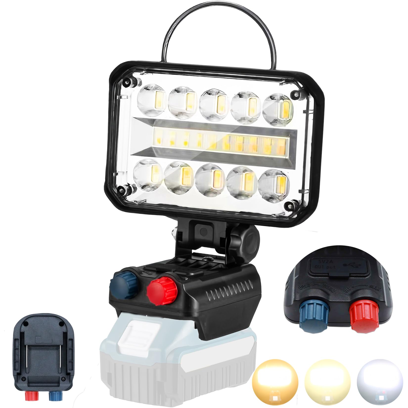 投光器LED 作業灯【無段階調光/調色】14.4V/18Vバッテリーとの互換性があり 高輝度 3000LM 明るさ持続 定電流設計 2700K 3000K 6500K 明るさと色温度を無段階調整 IP66防水 USB/Type-Cポート フック付き コードレスワークライト コンパクト