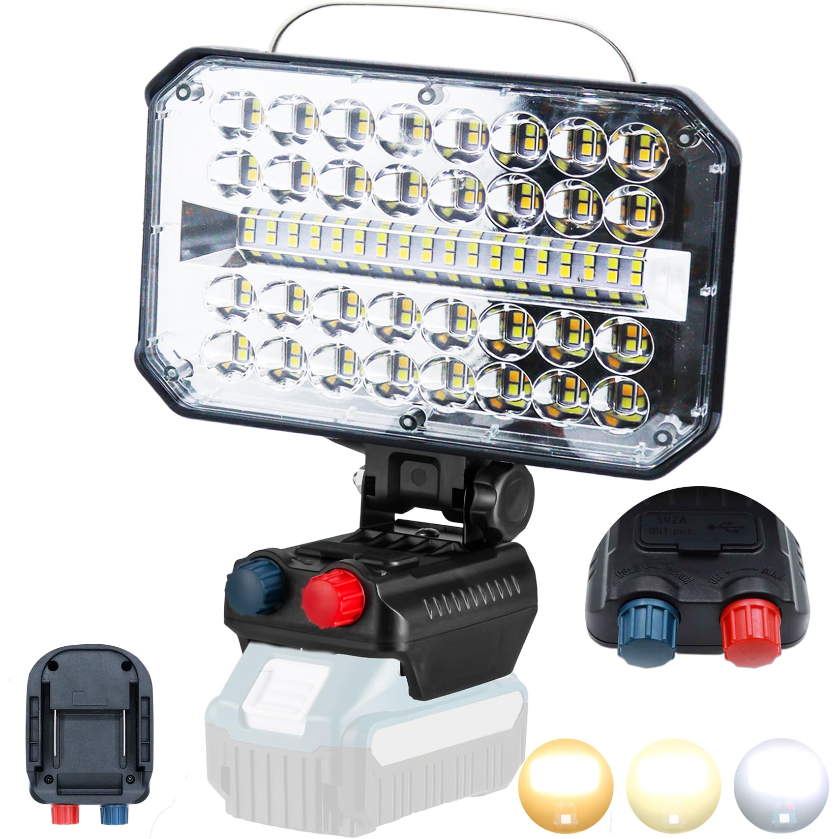 投光器LED 作業灯【無段階調光/調色】14.4V/18Vバッテリーとの互換性があり 高輝度 7000LM 明るさ持続 定電流設計 2700K 3000K 6500K 明るさと色温度を無段階調整 IP66防水 USB/Type-Cポート フック付き コードレスワークライト コンパクト
