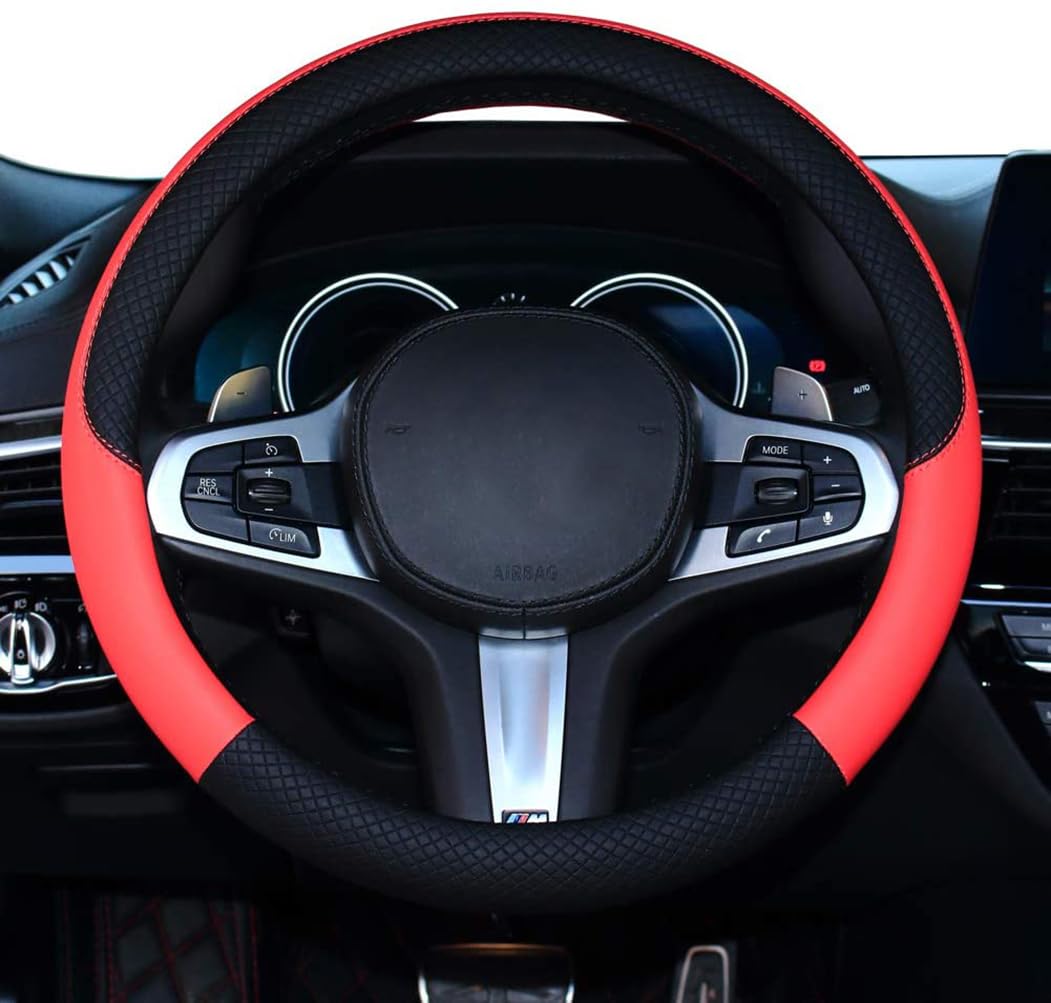 ハンドルカバー 車用 軽自動車 sサイズ ステアリングカバー 本革 汎用 おしゃれ 通気性がよい 滑り防止 オールシーズン対応 普通車 ハンドル 保護カバー カスタム 内装パーツ アクセサリー 車用品 レッド