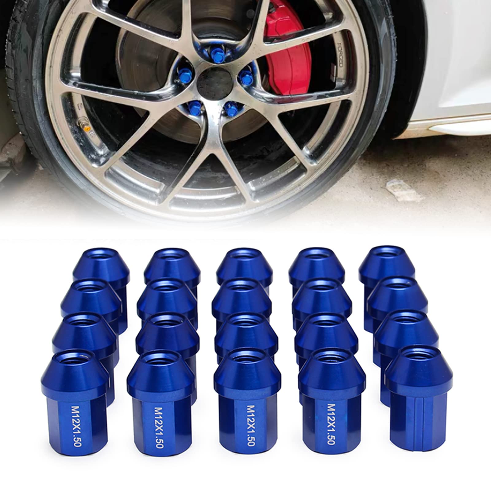 アルミ製 ホイールナット タイヤナット レーシングナット ホイールロックナット M12 x P1.5 高さ35mm 20個セット カラーナット 袋ナット 軽量 盗難防止 ロックナット 専用ソケット付き 青
