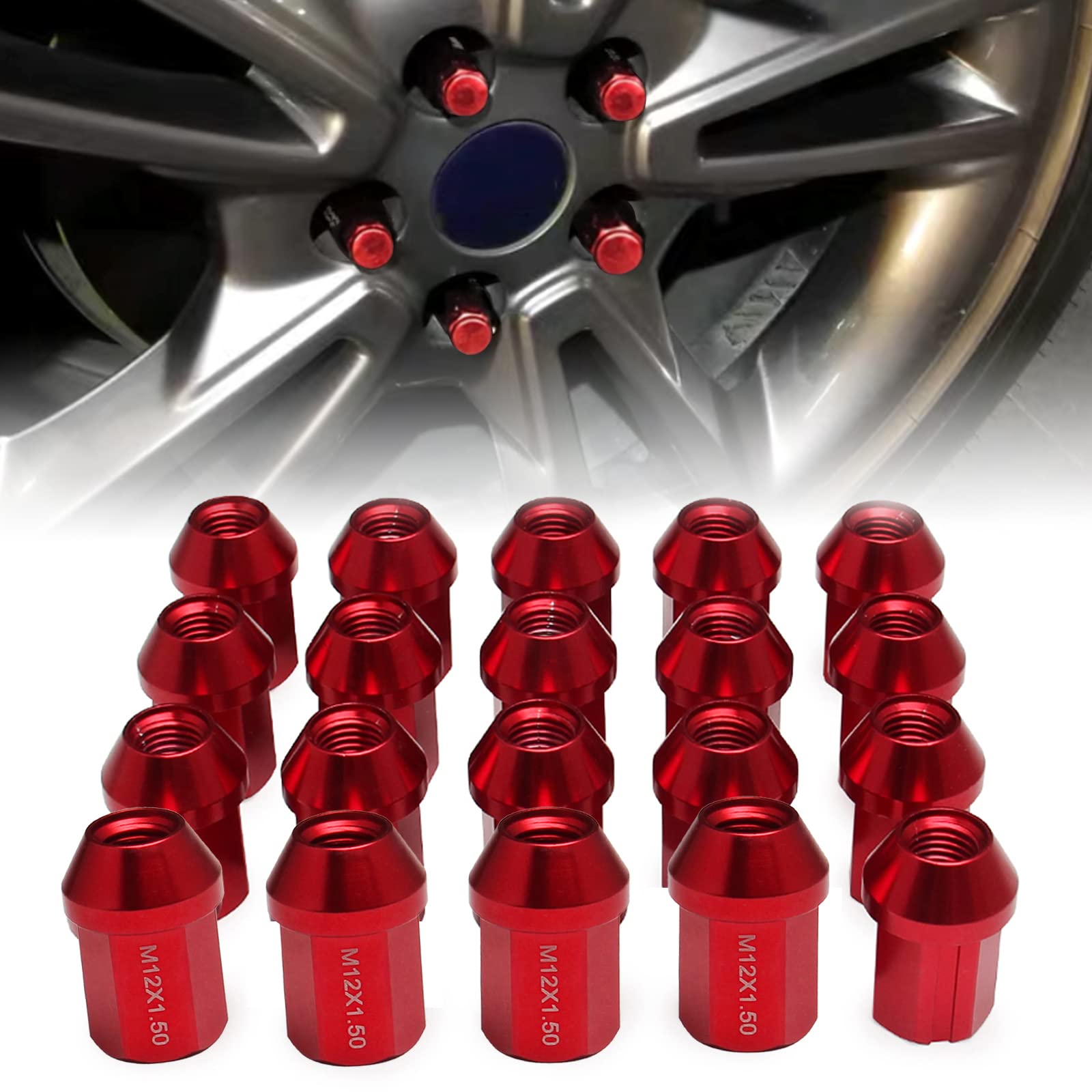 アルミ製 ホイールナット タイヤナット レーシングナット ホイールロックナット M12 x P1.25 高さ35mm 20個セット カラーナット 袋ナット 軽量 盗難防止 ロックナット 専用ソケット付き 赤