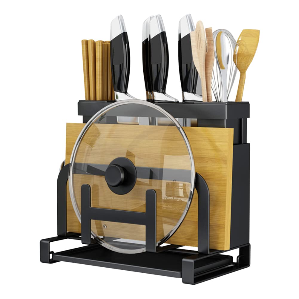 まな板スタンド 包丁立て 鍋蓋スタンド お箸立て - 多機能キッチン用収納ラック 水切りトレイ付 省スペース 25.5×16×24cm