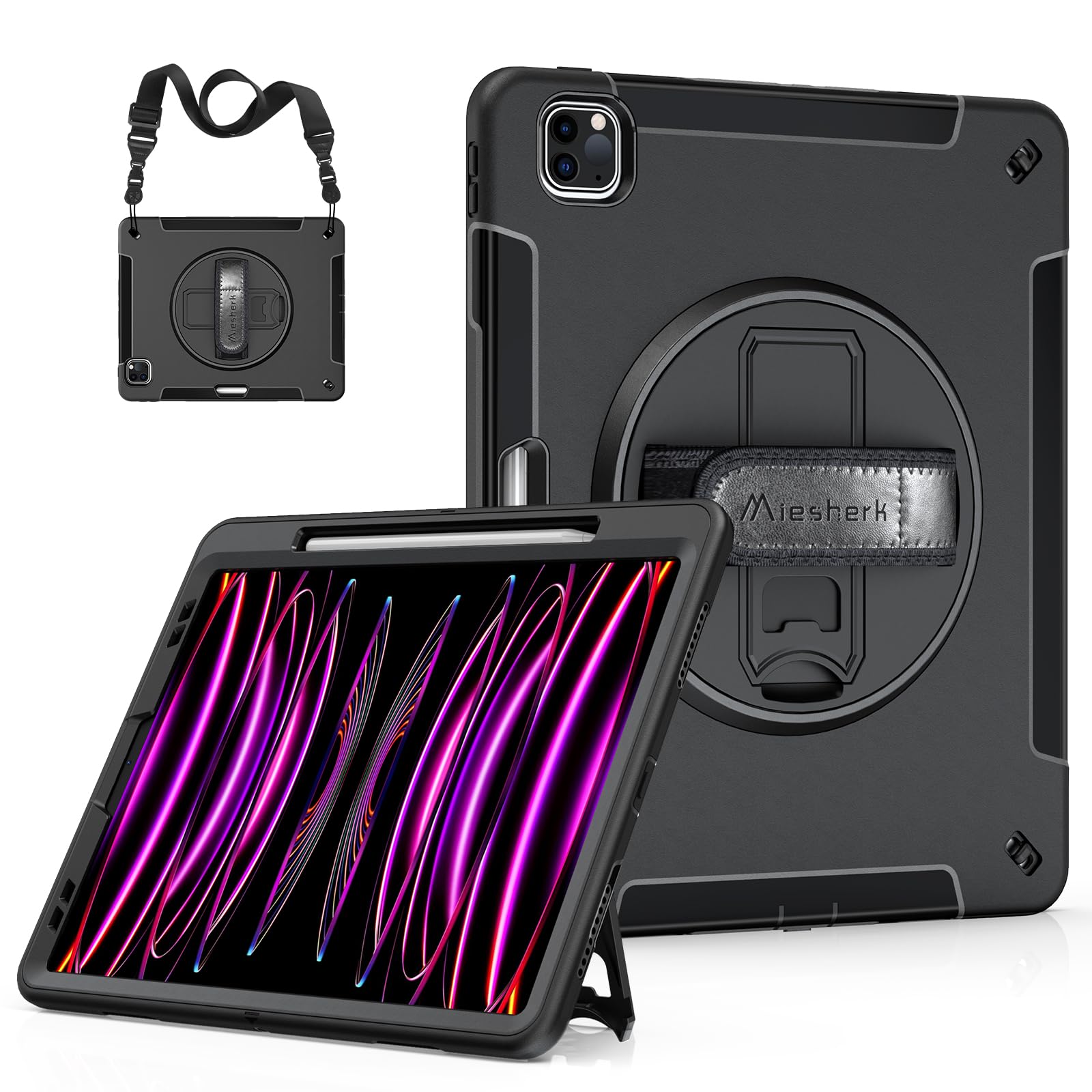 Rakuten - Pad Pro 12.9インチ ケース 第6/5/4/3世代(2022/2021/2020/2018)に通用 Pad Pro 保護カバー 耐衝撃 丈夫 防塵 360°回転スタンド 精密カット ペン収納 ハンド＆ショルダーストラップ 仕事 現場 子供に対応