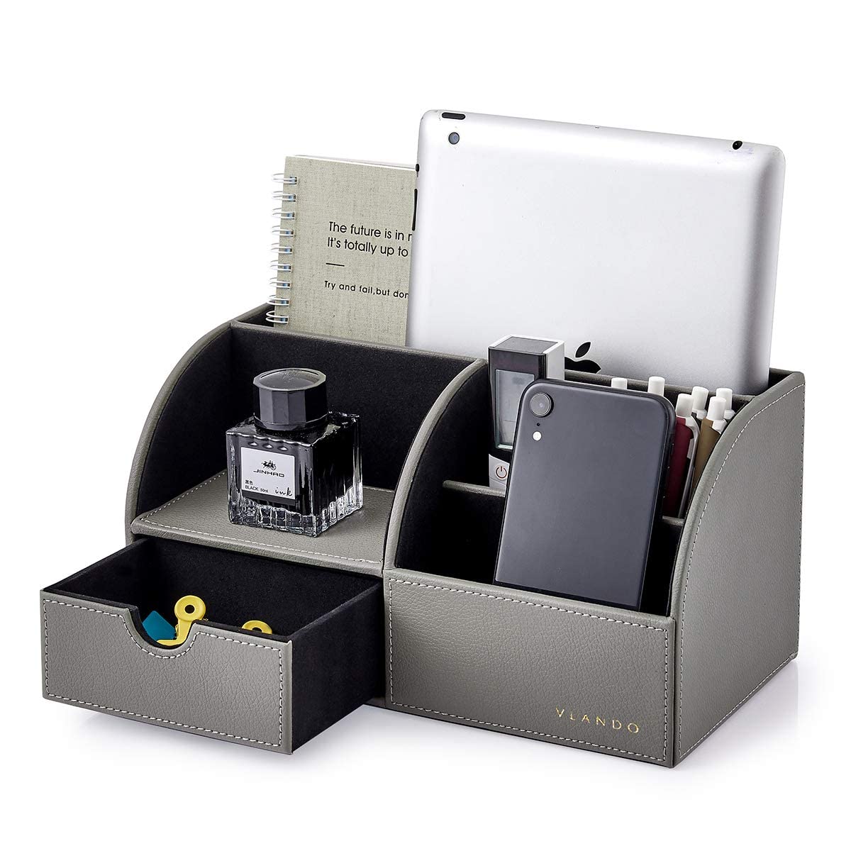 デスクオーガナイザー 卓上収納 ペン立て リモコンラック 小物入れ グレー ポータブル電子機器 文房具 PUレザー つや消し