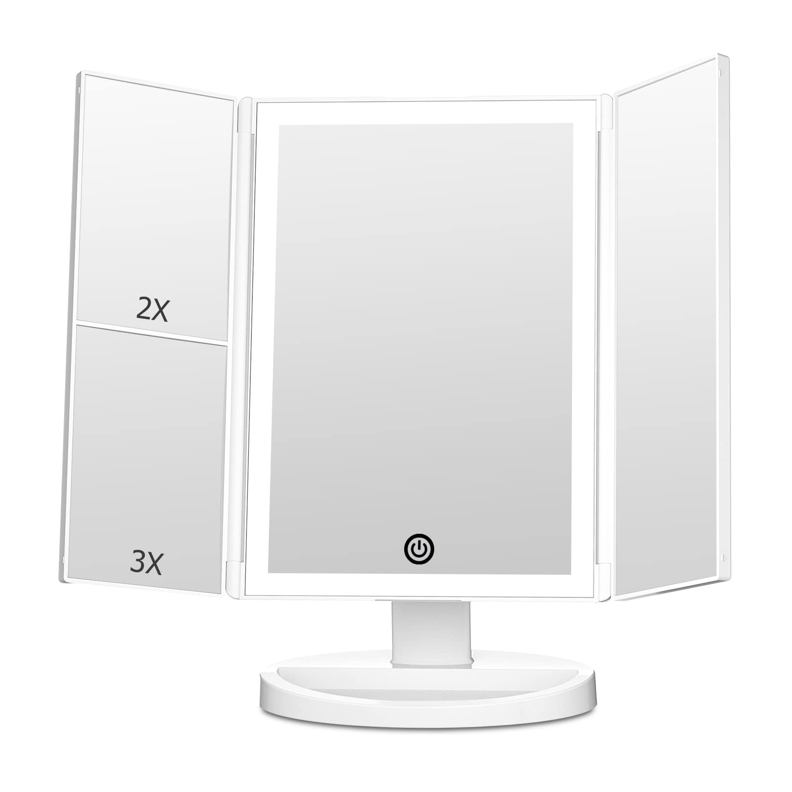 女優ミラー 三面鏡 卓上鏡 化粧 ledメイク 折りたたみ ライト付き 拡大鏡 2/3倍 タッチ式 明るさ調節 角度調整 収納ペース ホワイト