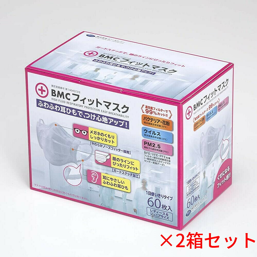 BMC フィットマスク 使い捨てサージカルマスク レディース&ジュニアサイズ 60枚入×2箱セット