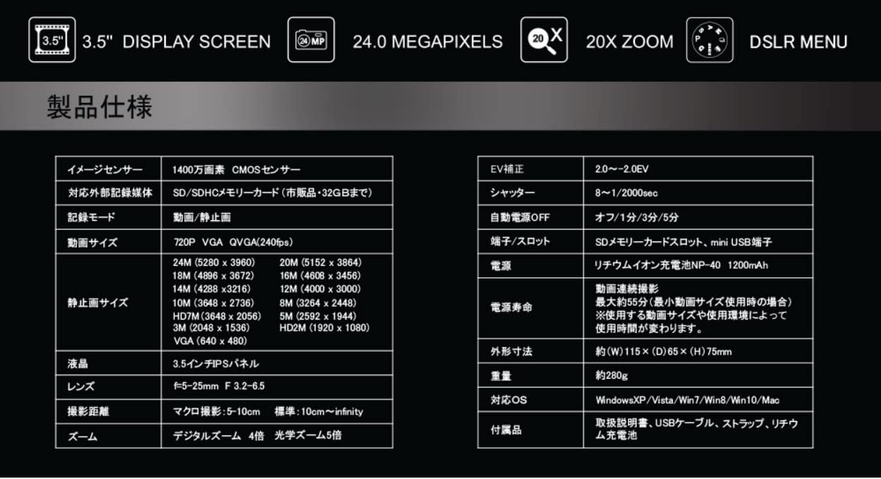 ����磻�� 24MEGA PIXEL ����5�ܥ����� �ǥ����륫��� DCDR6 3.5 DISPLAY SCREEN �� 24.0 MEGAPIXELS �� 20X ZOOM �� DSLR MENU