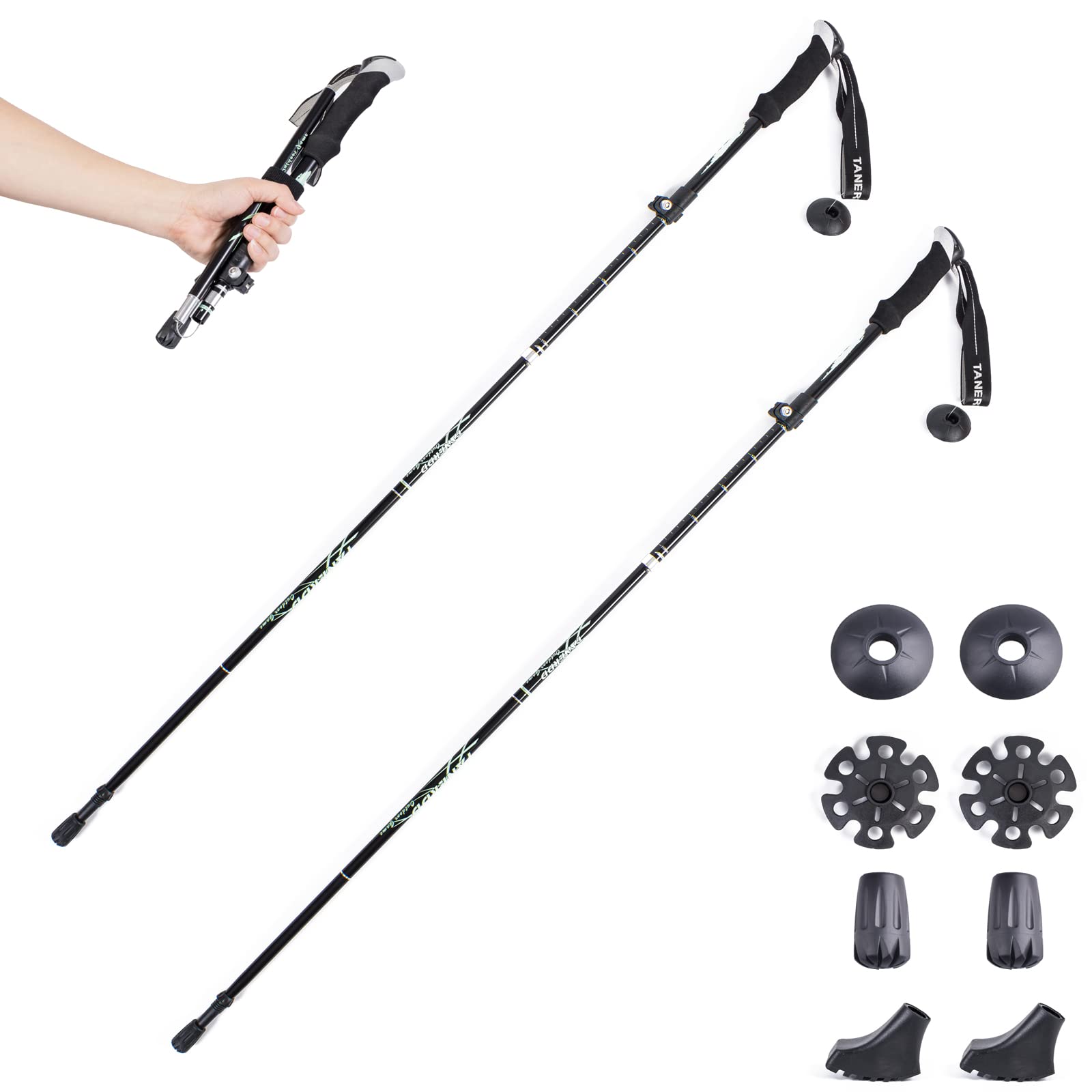 TRIWONDER トレッキングポール 折りたたみ 登山ストック ウォーキングポール 軽量アルミ製 コンパクト 収納バッグ付属品付き (ブラック - 130cm(2本))