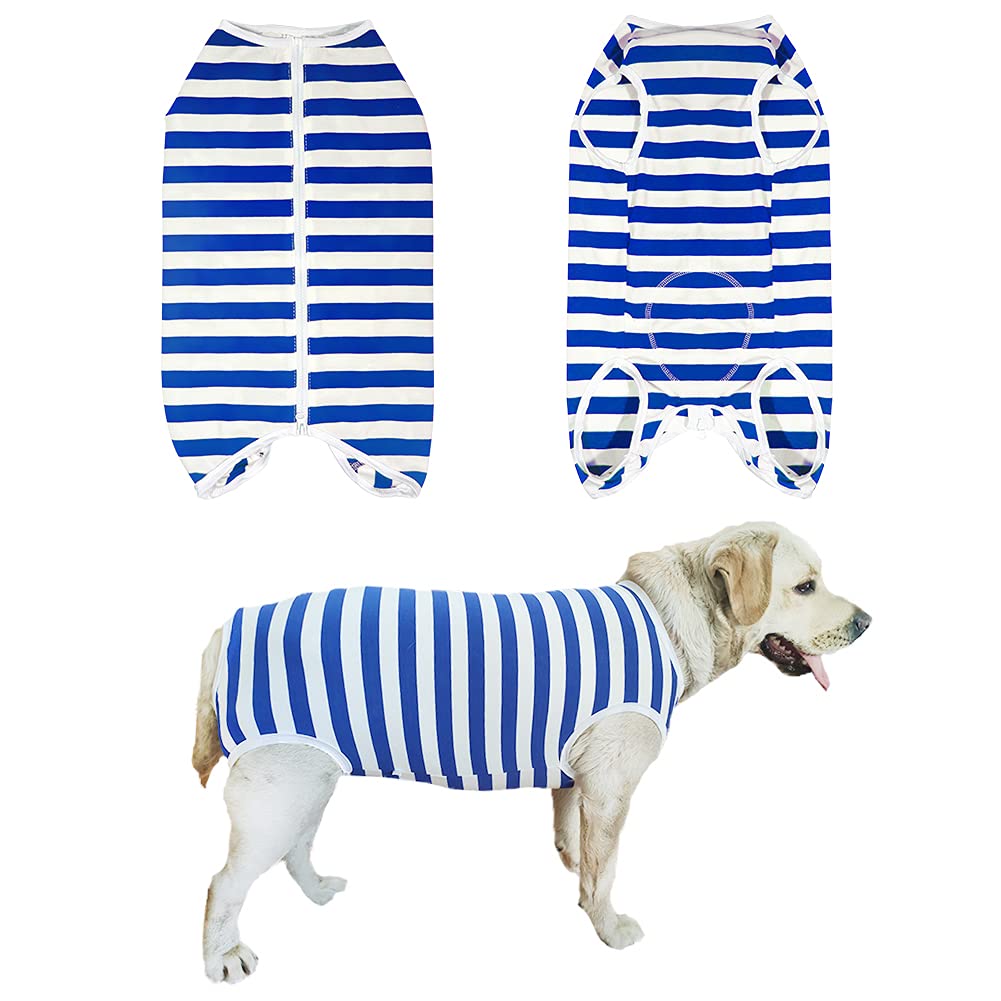KUVEELA PET 大型犬 中型犬 服 術後服 術後ウェア 術後カバー服 犬用品 保護服 雄 雌兼用 避妊 離乳 傷口保護 皮膚病 通気 夏用 (4L, スカイブルーボーダー)