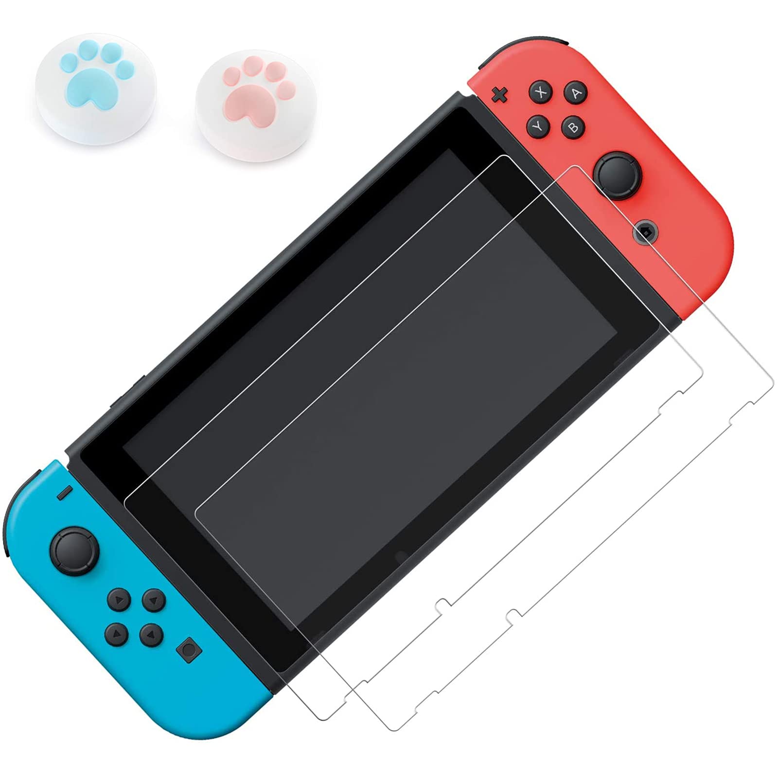 Switch用 ガラスフィルム 強化 ガラス 保護 フィルム ブルーライトカット 目の疲れ軽減 日本旭硝子素材 高透過率 強靭9H 撥水撥油 指紋防止 飛散防止 気泡ゼロ 貼り付け簡単 親指グリップキャップ*2個付き(2枚入り)