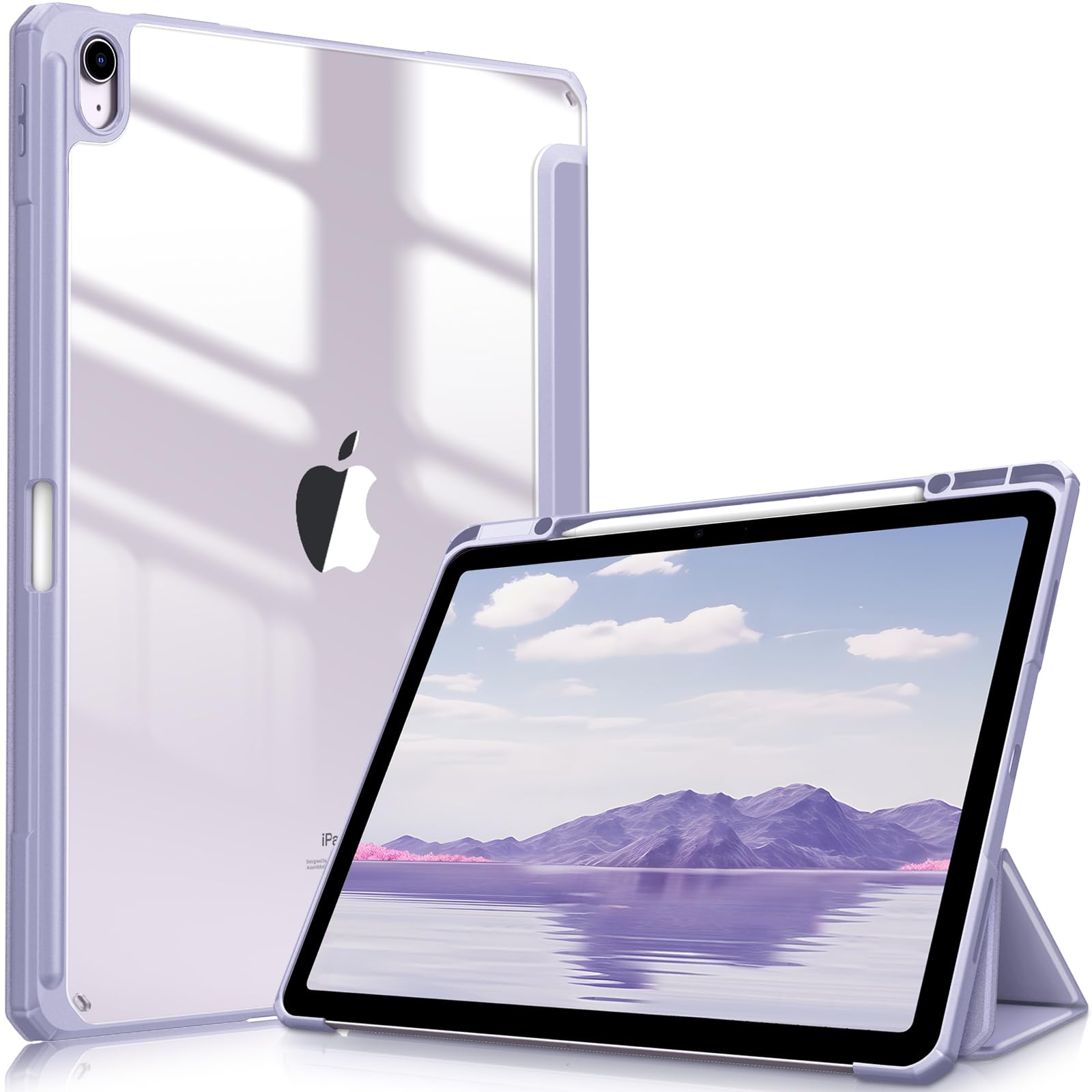 Fintie iPad Air 13インチ(M2) ケース 2024 透明バックカバー Apple Pencil 収納可能 Apple Pencil Proワイヤレス充電対応 三つ折スタンド スリープ機能 軽量 薄型 傷つけ防止 PU合成レザー TPU(ライラックパープル)