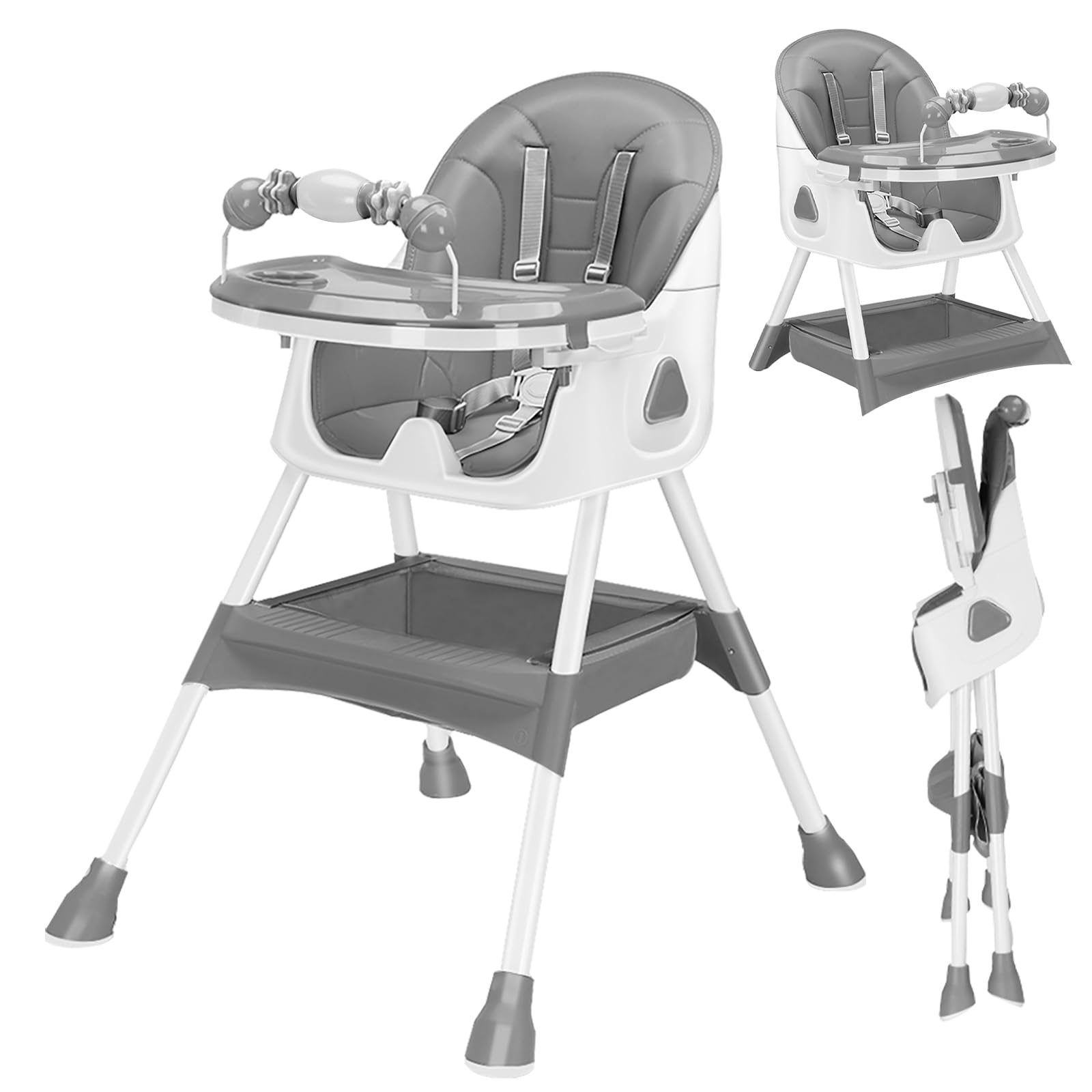 UAVOO ベビーチェア ハイローチェア キッズチェア 6ヶ月-3歳 折りたたみ 五点式安全ベルト 二段テーブル付き 収納袋付き 高さ調節 組立簡単 軽量 離乳食 多機能 赤ちゃん用 お食事椅子 テーブルチェア 持ち運び便利 出産祝い (グレー)