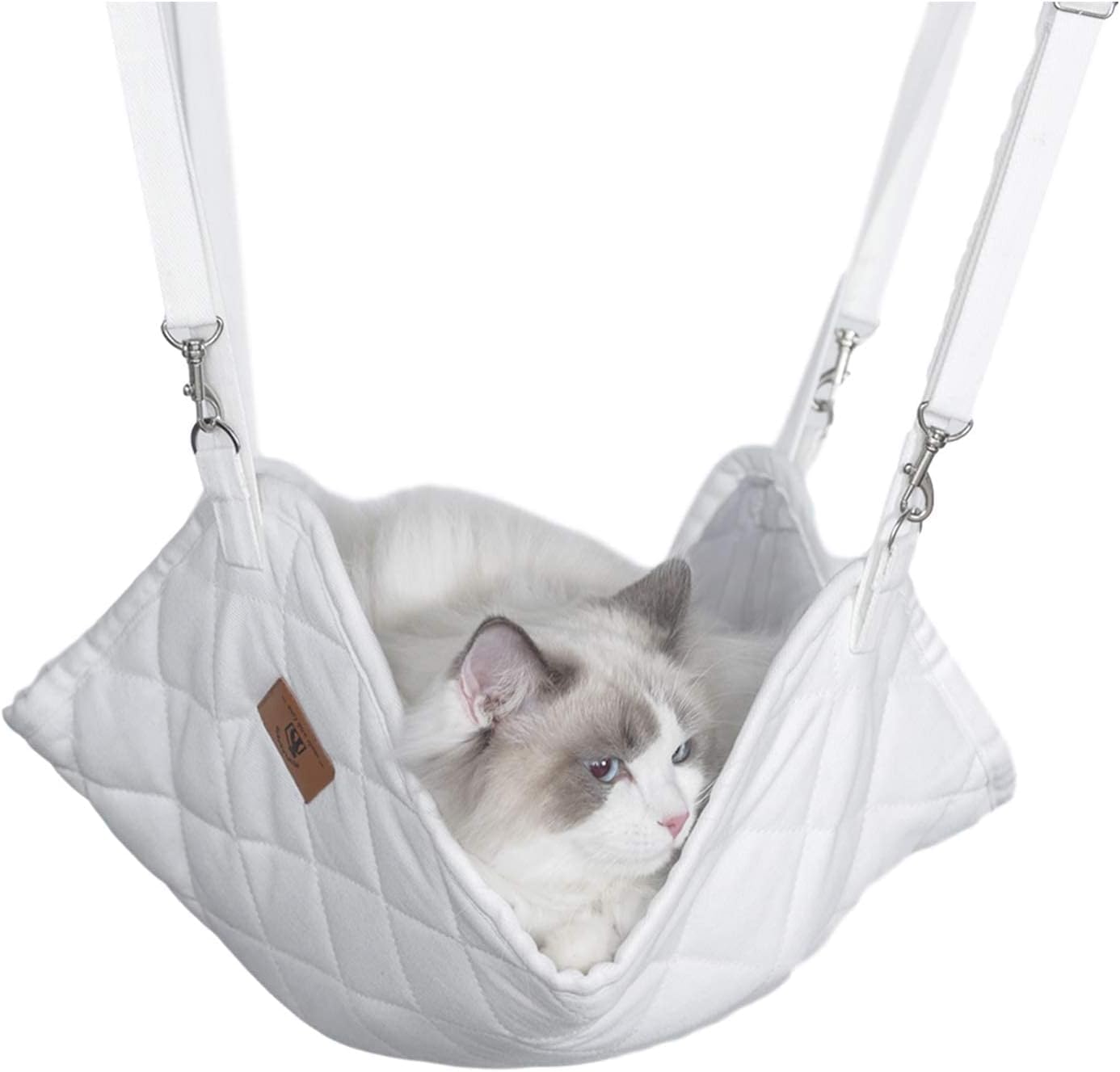 PEOPLE&PETS 猫ハンモック吊り下げベッド ケージ リバーシブル 長さ調節可 冬夏両用 50x45cm 10 kgまで キルト仕様 ホワイト