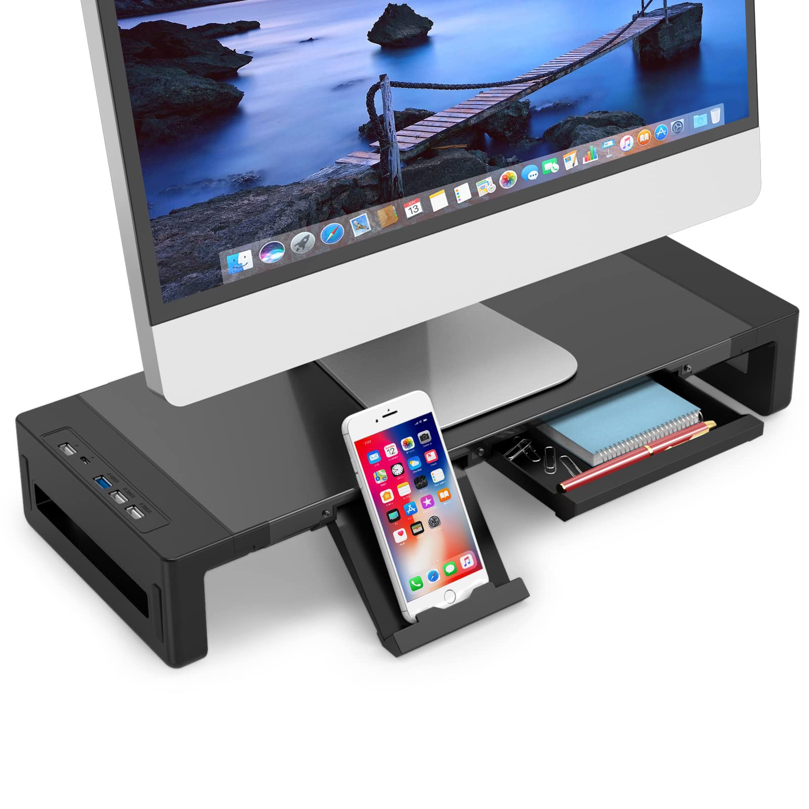 EAYHM モニター台 USB2.0/3.0 机上台 USB/TYPE-C充電付き PCスタンド スチール製 耐荷重30kg ノートパソコン/プリンター/iMac/タブレットパソコンに適用 引き出しとスマホホルダー付き (52*20*8.5CM)