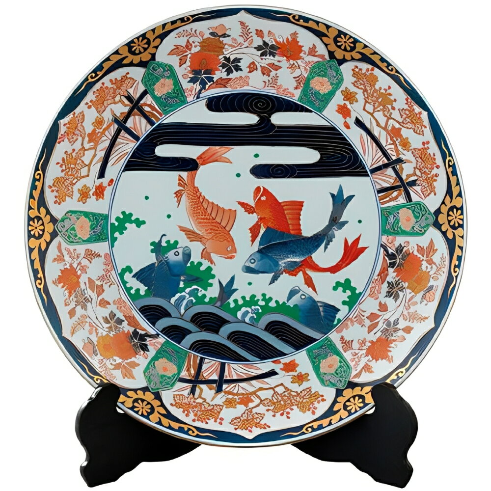 楽天ル・銀座【楽天スーパーSALE期間限定価格】弥左ヱ門 15寸皿 染錦間取鯉絵　木箱入・皿立付