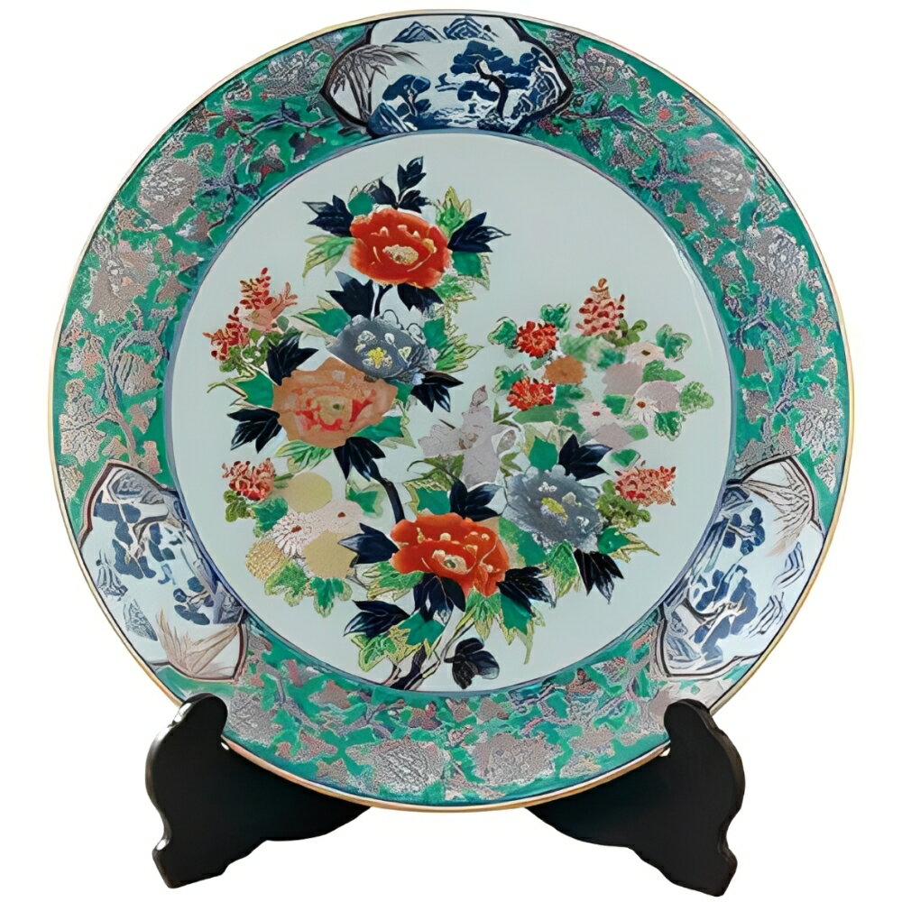 楽天ル・銀座【楽天スーパーSALE期間限定価格】弥左ヱ門 緑彩花絵 12寸皿