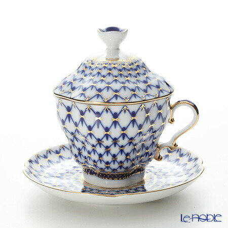 ロシア食器 インペリアル・ポーセリン コバルトネット ティーカップ&ソーサー 250ml(ふた付) /// カップアンドソーサー おしゃれ ブランド 高級 磁器 ブルー 青 imperial porcelain 紅茶カップ // ギフト プレゼント 贈り物 誕生日 結婚祝い 還暦祝い