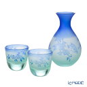 太武朗工房/タブロー 彫刻硝子 夢柄子 鉄線紋 酒器三点揃 グリーン/ブルー 盃55ml 徳利210ml 4110S /// 徳利 おちょこ セット 青 冷酒器...
