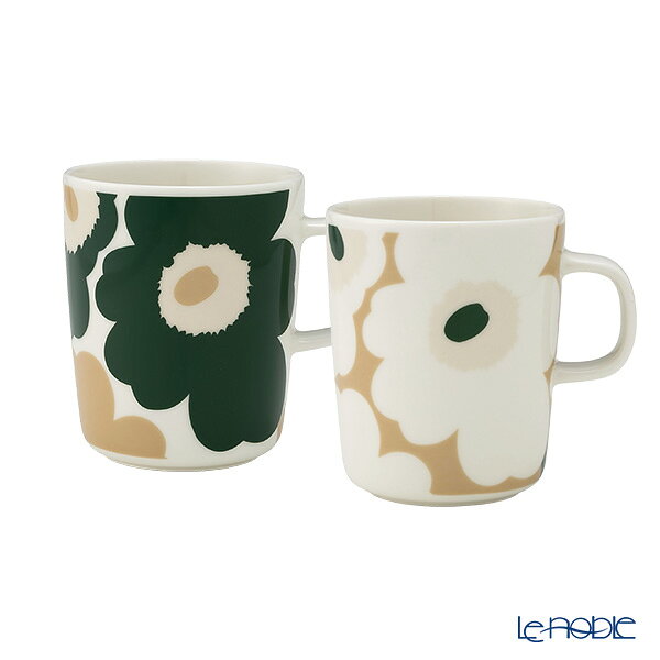 【P10倍・クーポン】マリメッコ(marimekko) Unikko ウニッコ／けしの花 マグカップ 250ml ホワイト×ベージュ×ダークグリーン 色違いペア