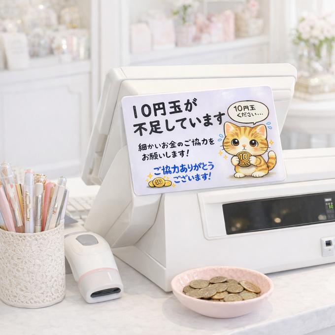 Rakuten - 【送料無料】10円玉不足お知らせカード［猫デザイン］案内サイン 小銭不足 レジ前サイン