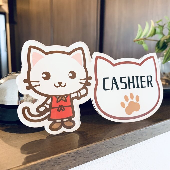 Rakuten - 【送料無料】白猫イラスト cashier お会計サインスタンド レジ レジ前 お釣り お勘定 子猫 かわいい 表示板 案内板