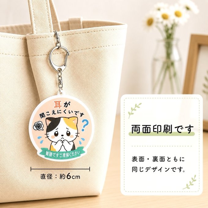 【送料無料】耳が聞こえにくいです キーホルダー［三毛猫デザイン］聴覚過敏 ヘルプマーク 支援グッズ