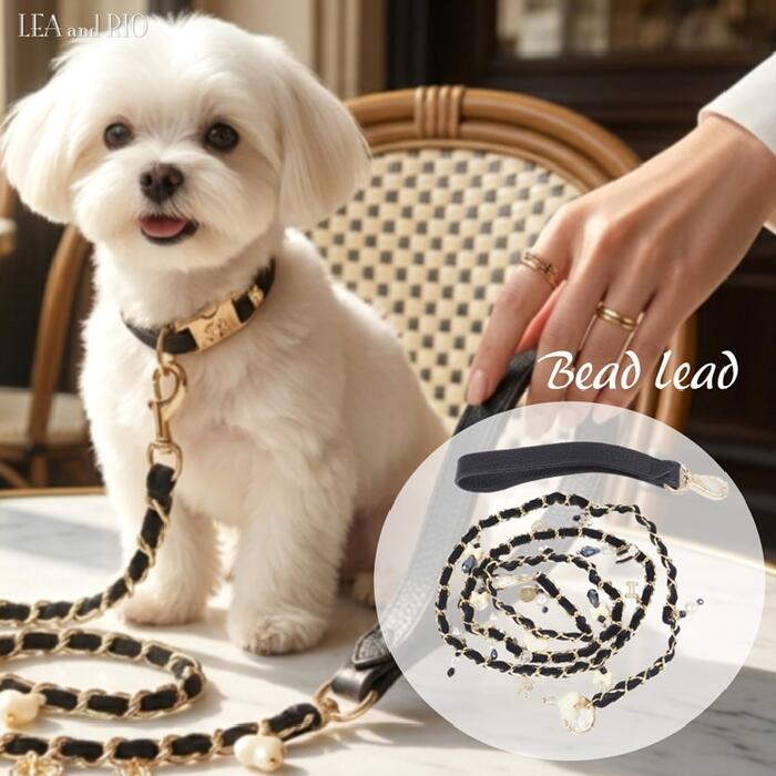 Rakuten - キラキラ ビーズリード 小型犬用 レザー リード 手綱 本革 ビジュー ストーン アクセ スカルモチーフ チェーン リボン モノトーン パールビーズ スエード アイテム パピー 極小犬 超小型犬 小型犬 犬 猫 ペット 服 犬服 猫服 ハンドメイド 返品交換不可