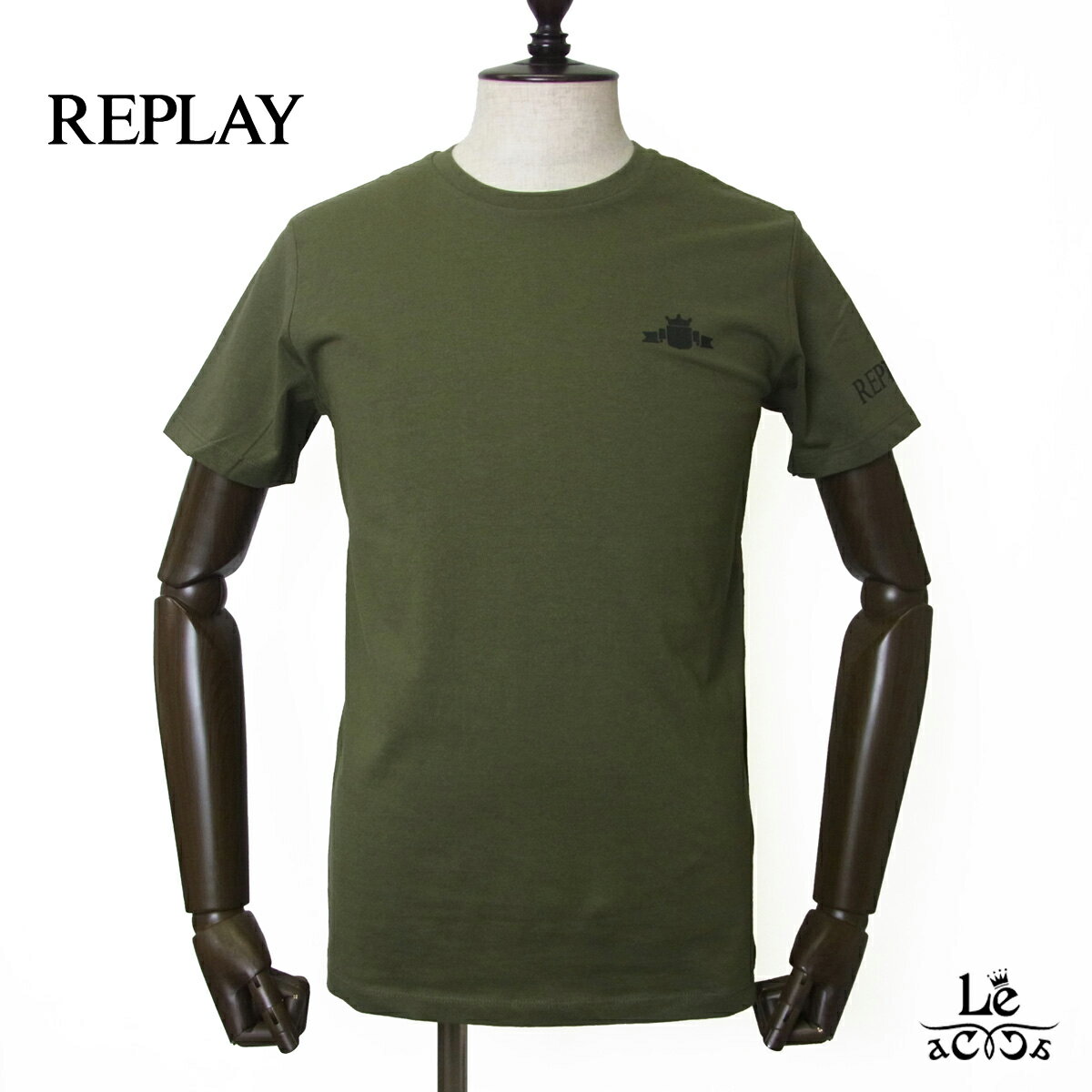 REPLAY リプレイ Tシャツ メンズ クルーネック 半袖 カットソー コンパクト コットンジャージー ワンポイントT オリーブ カーキグリーン イタリア ブランド 国内正規品【送料無料】【追跡可能メール便】
