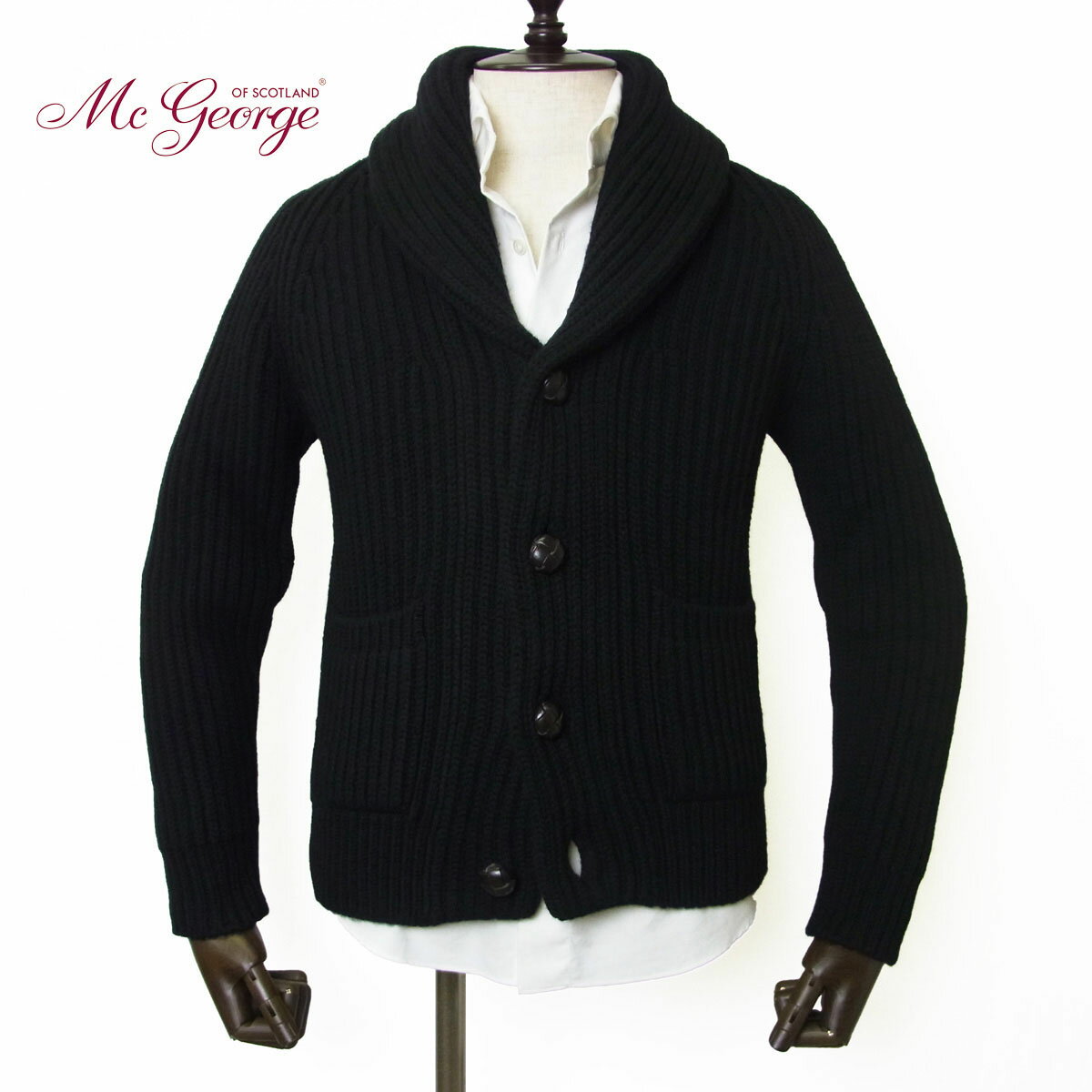 Mc George マックジョージ ウールカシミヤ 畦編み ショールカラー カーディガン A0305 メンズ ブラック 黒 スコットランド ブランド 国内正規品【送料無料】