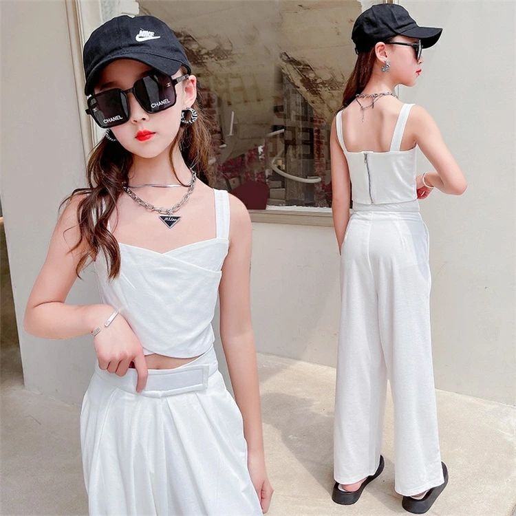 【4299円→実質3869円 P5+5%COUPON! 11/27 1:59迄】キッズダンス 女の子 セットアップ ダンス衣装 子供服 パンツセット 夏 タンクトップ 夏用 袖なし 肩出し 可愛い 女の子 長ズボン ホワイト 110-170cm 大人っぽい ワイドパンツ 韓国ファション 2点セット リゾート