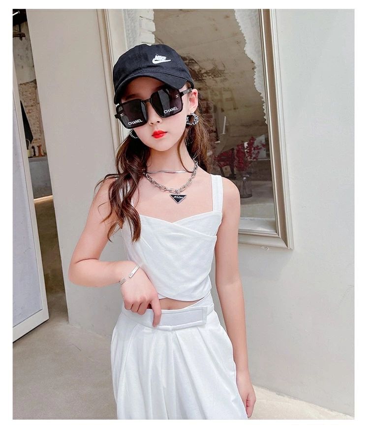 【4299円→実質3869円 P5+5%COUPON! 11/27 1:59迄】キッズダンス 女の子 セットアップ ダンス衣装 子供服 パンツセット 夏 タンクトップ 夏用 袖なし 肩出し 可愛い 女の子 長ズボン ホワイト 110-170cm 大人っぽい ワイドパンツ 韓国ファション 2点セット リゾート 3