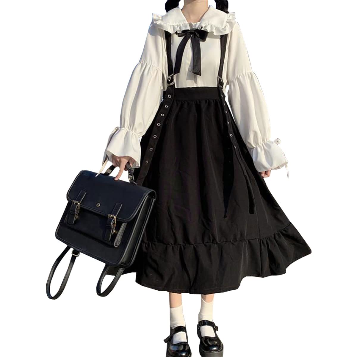 【5079円→実質4571円 P5+5%COUPON! 11/27 1:59迄】ワンピース レディース シャツ＋スカート+リボン 3点セット ロリータ 学院風 森ガール 原宿系 かわいい サロペット カジュアル 無地 ロング丈 スカート 長袖ブラウス セットアップ 春秋