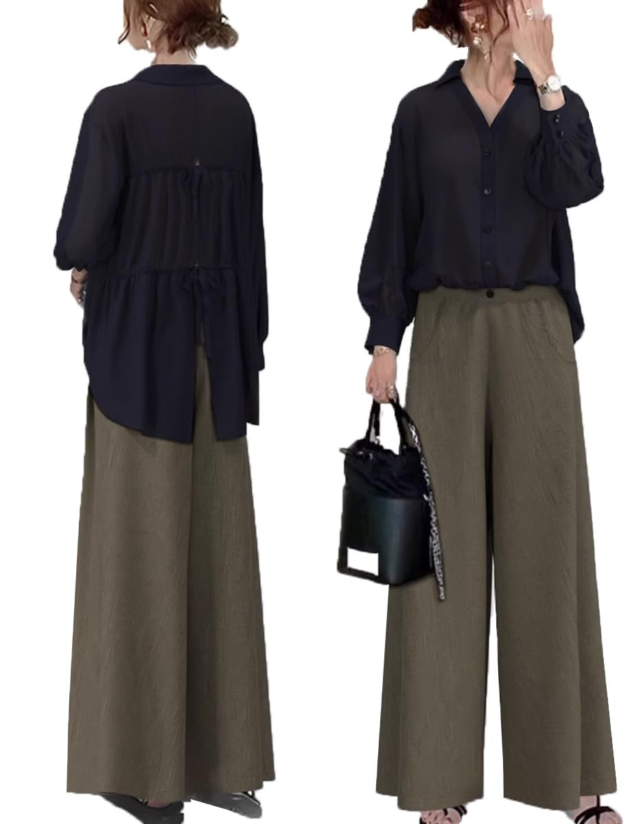 【4588円→実質3900円 P10+5%COUPON! 11/19 23:59迄】シャツ ワイドパンツ セットアップ レディース パンツスーツ トップス ストレートパンツ 上下セット カットソー tシャツ ズボン ギャザー フレア フォーマル カジュアル フリル プリーツ 長袖春夏秋冬 ブラウス