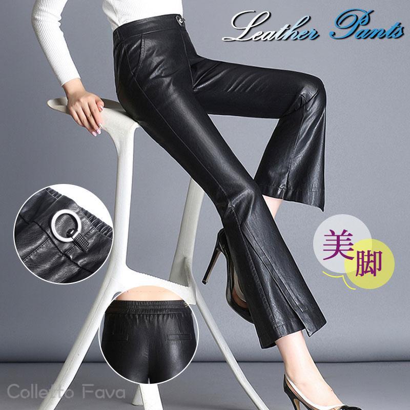 Capri Pants - 【時限特恵！】本革 レザーパンツ レディース ラムレザー ウエストゴム ハイウェスト 細身 スキニー 長ズボン ストレッチ ブーツカット 9分丈 ロングパンツ