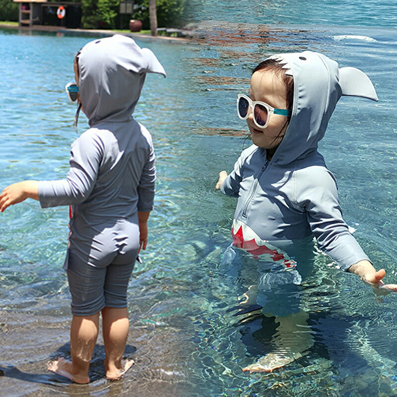 乐天商城 - 水着 男の子 女の子 ベビー水着 キッズ 学生 サメ シャーク 子供服 長袖 赤ちゃん ロンパース 可愛い かわいい オールインワン ボーディスーツ 日焼け防止 UVカット温泉 水遊び 海水浴 スイミング XS-XL 送料無料