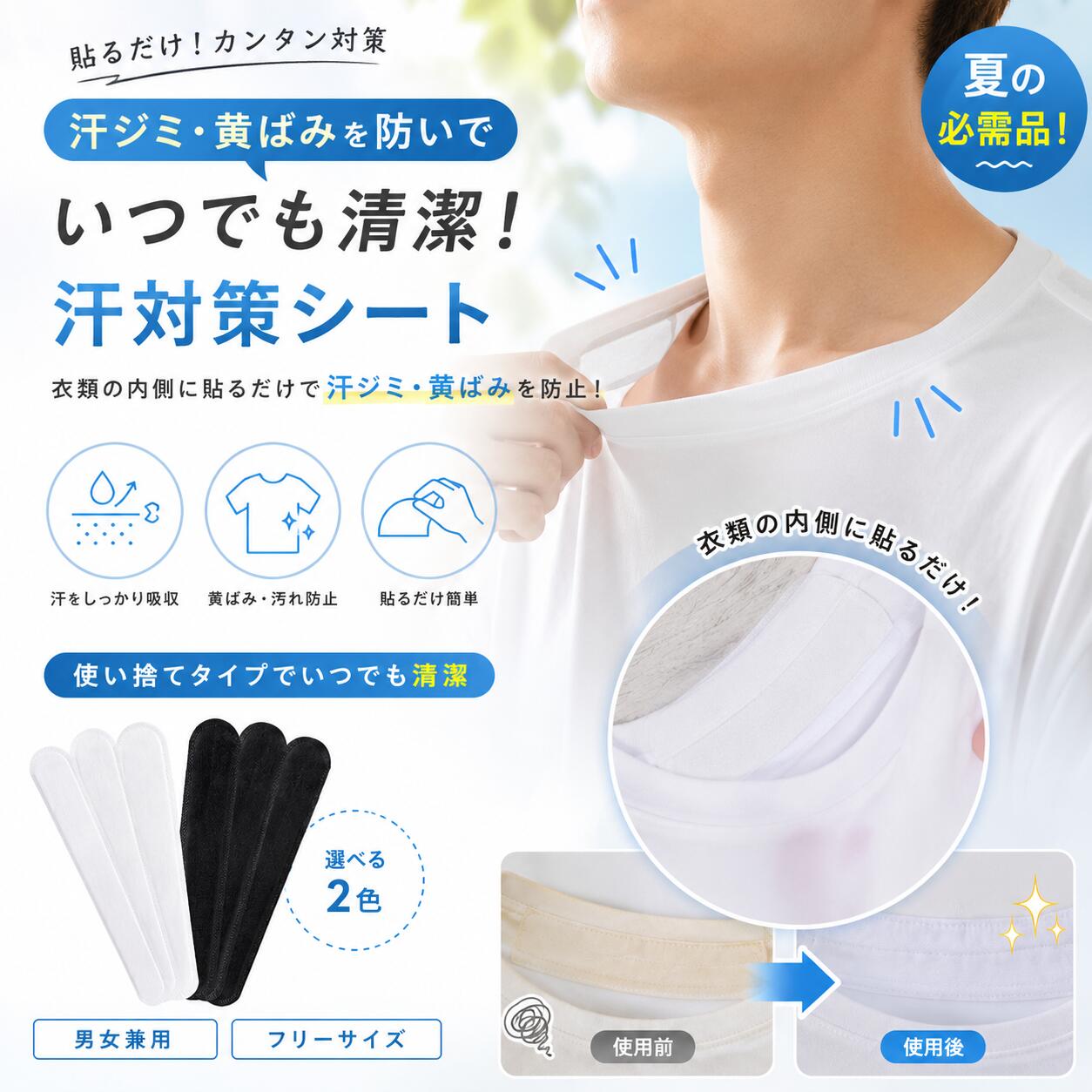 Rakuten - 汗取りパッド 帽子 襟 汗ジミ防止シート 20枚入り 汗吸収シート 黄ばみ防止 汚れ防止 使い捨て 薄型 消臭 メンズ レディース 夏用 キャップ シャツ 襟汗対策