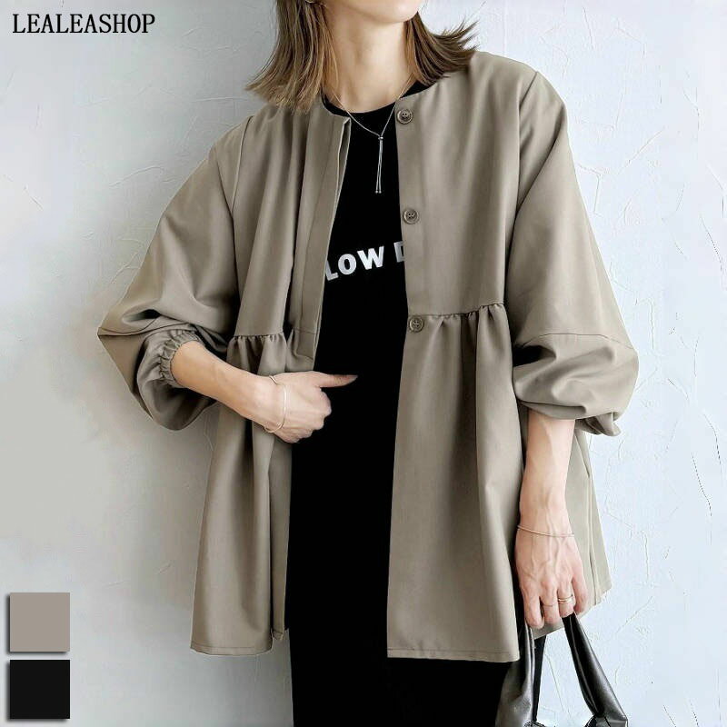 【10％OFF + P5倍★スーパーSALE限定】トップス ギャザー切り替え ぽわん袖 ボリュームスリーブ ノーカラー ポケット付き ツイル素材 長袖 卒園式 卒業式 レディースファッション 40代 50代 60代