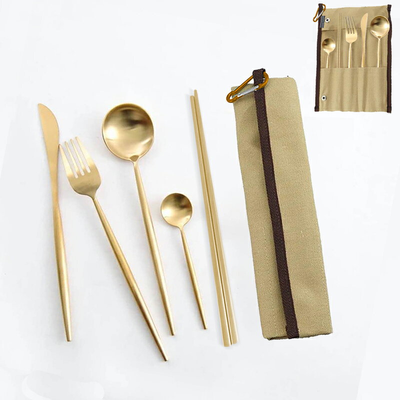 cesa beams カトラリーセット キャンプ カトラリー アウトドア ポータブル おしゃれ ゴールド 北欧 オリジナ5本+収納バック スプーン フォーク ナイフ コーヒースプーン お箸 レジャー 収納 携帯 コンパクト お弁当 会社ランチ 釣り 旅行 登山